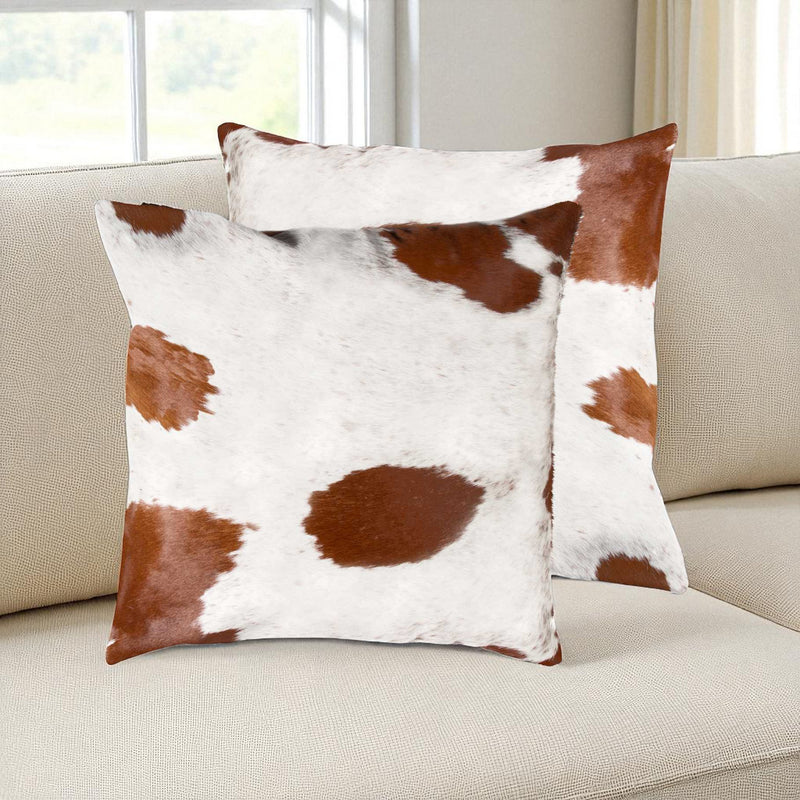 Set of Two 18" Brown And White Cowhide Throw Pillows - Home Decor