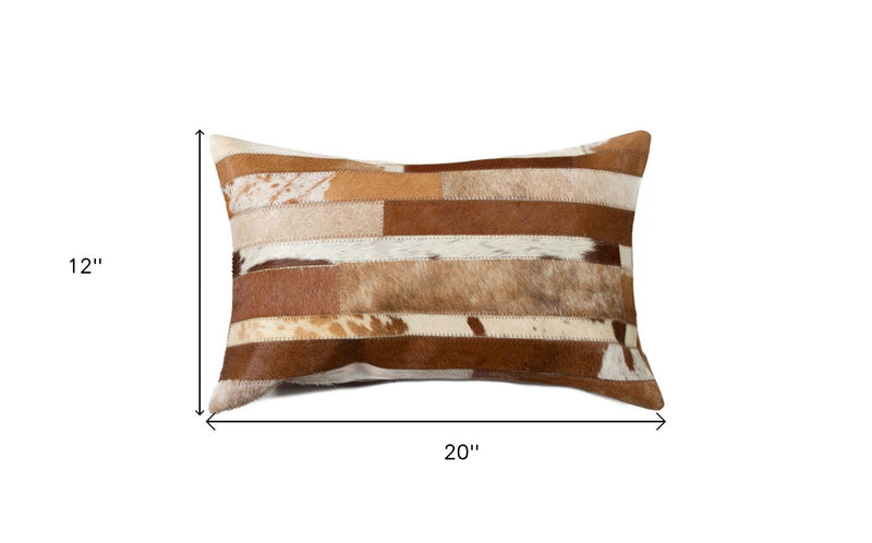 12" X 20" Brown and White Cowhide Throw Pillow - Home Decor