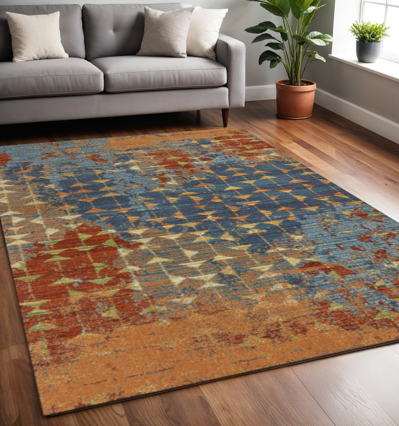 5' X 8' Blue Red And Orange Abstract Area Rug - Home Decor