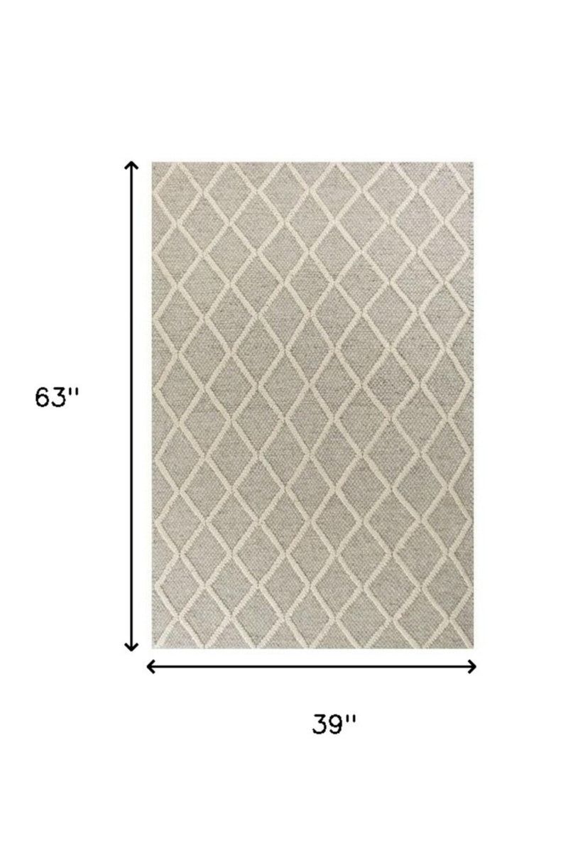 3' X 5' Gray And Ivory New Zealand Lambs Wool Diamond Area Rug - Home Decor