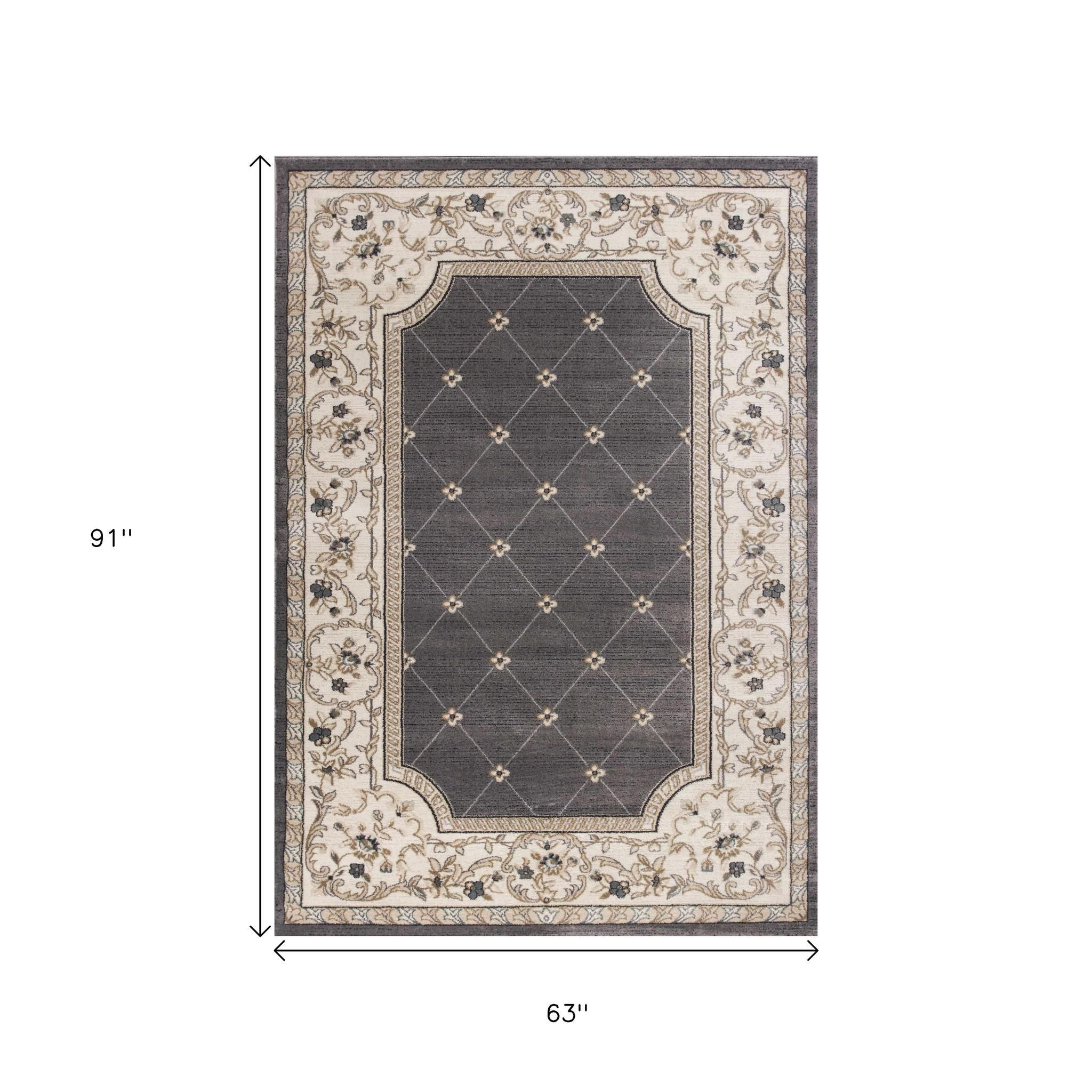 5' X 8' Gray And Ivory Floral Area Rug - Home Decor