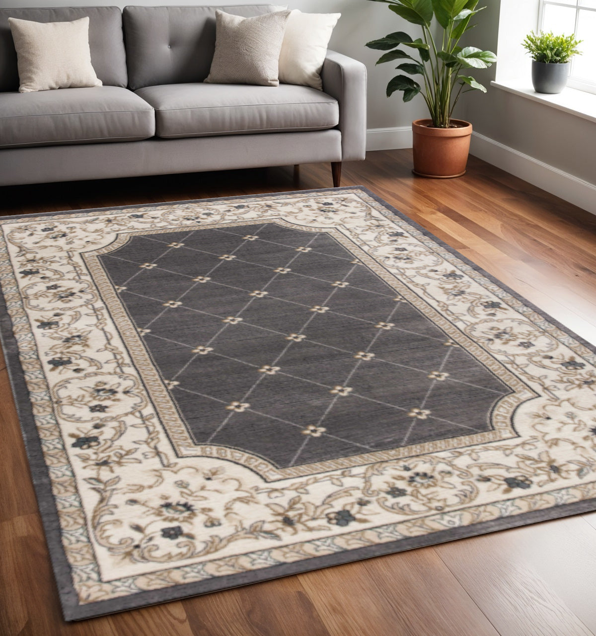 5' X 8' Gray And Ivory Floral Area Rug - Home Decor