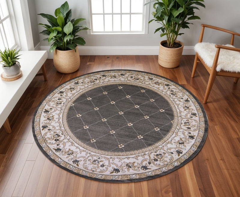 8' Gray And Ivory Floral Round Rug - Home Decor