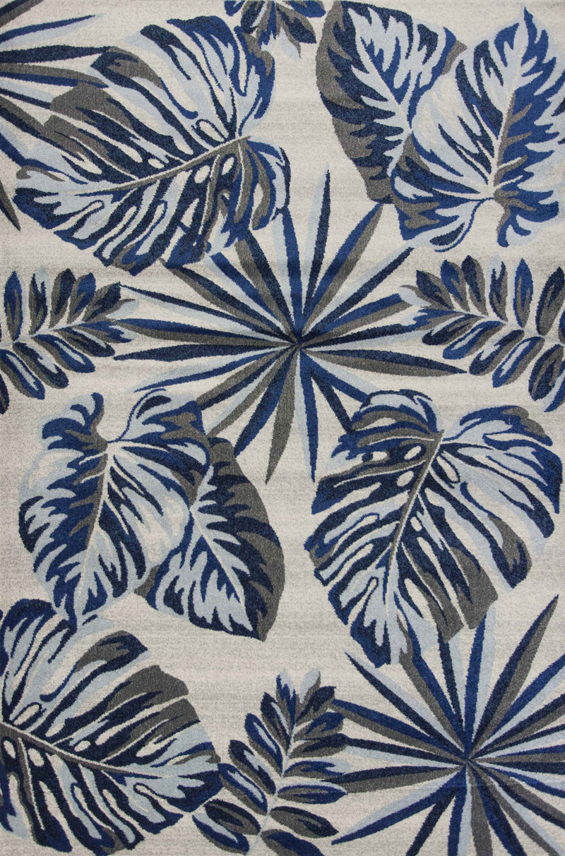 5' X 8' Gray And Blue Botanical Leaves Area Rug - Home Decor