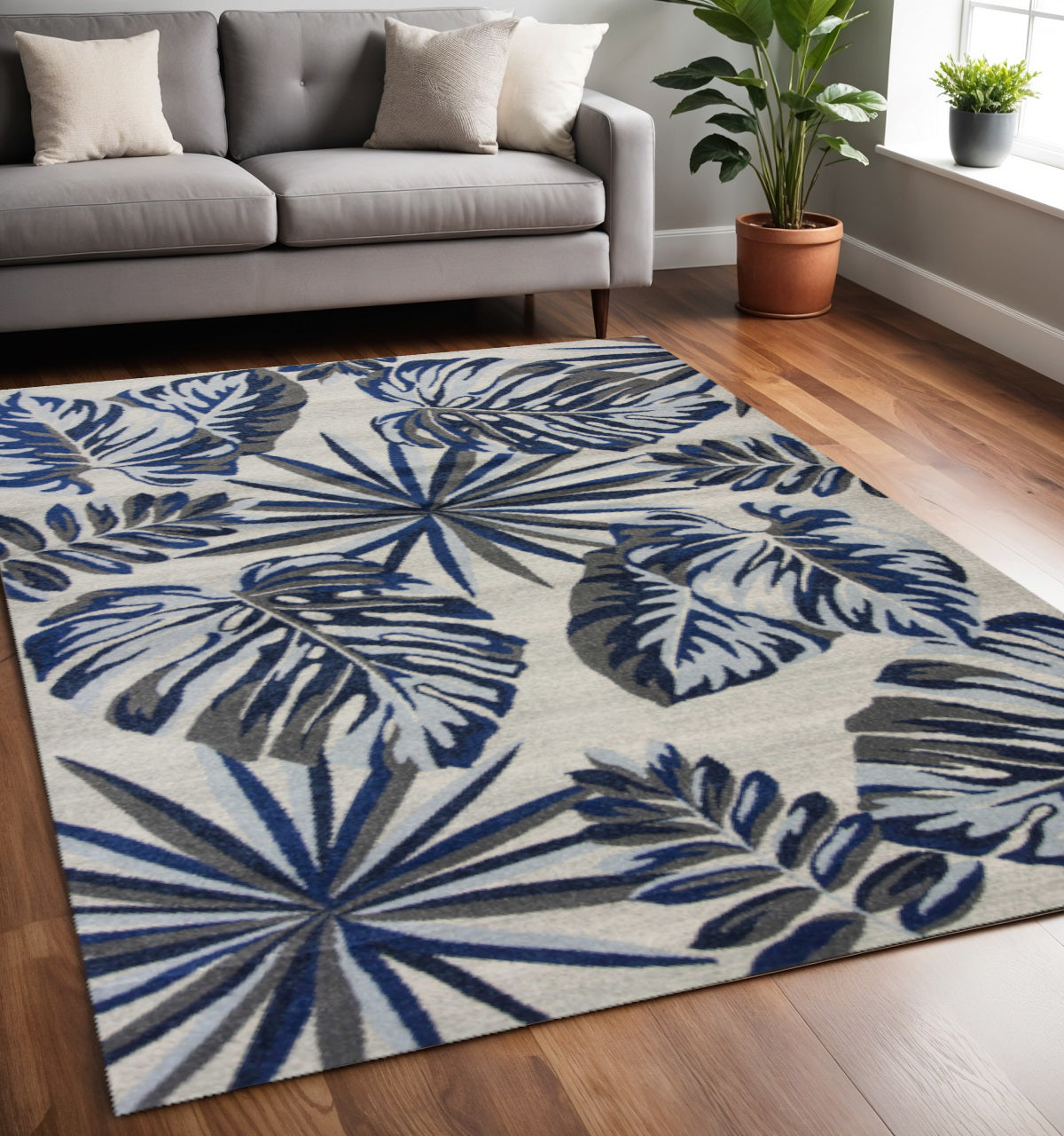 5' X 8' Gray And Blue Botanical Leaves Area Rug - Home Decor