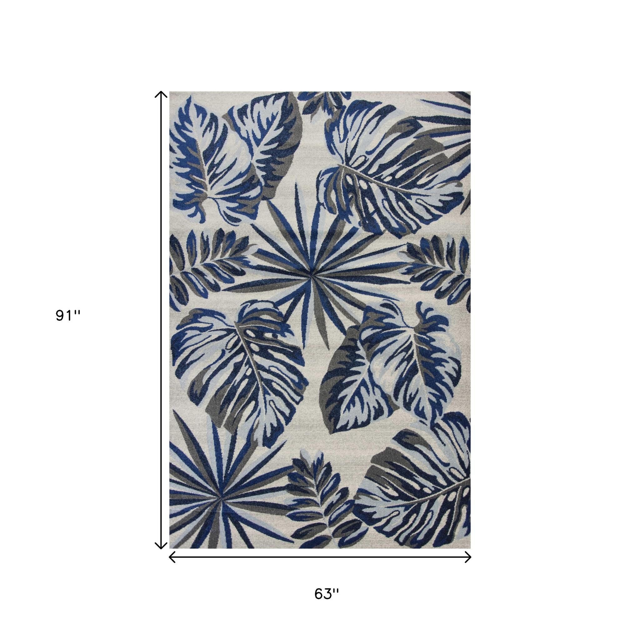 5' X 8' Gray And Blue Botanical Leaves Area Rug - Home Decor