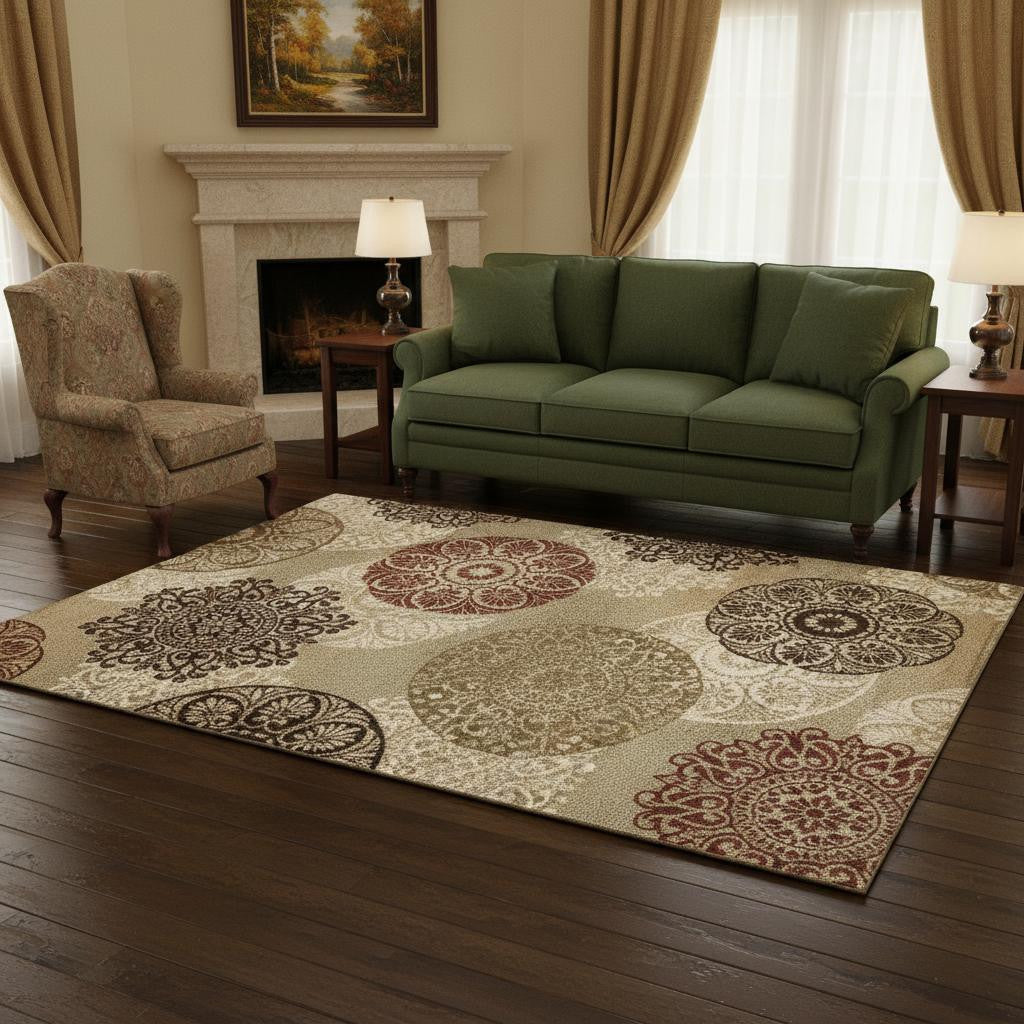 5' X 8' Sage Brown And Ivory Floral Medallion Area Rug - Home Decor