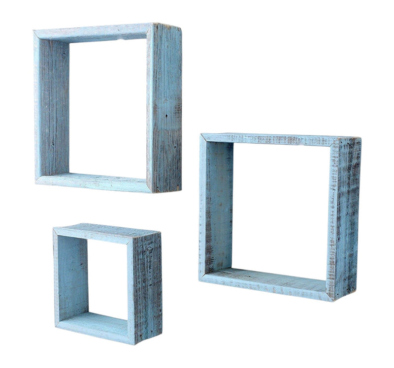 Set Of 3 Square Robins Egg Blue Reclaimed Wood Open Box Shelve - Home Decor