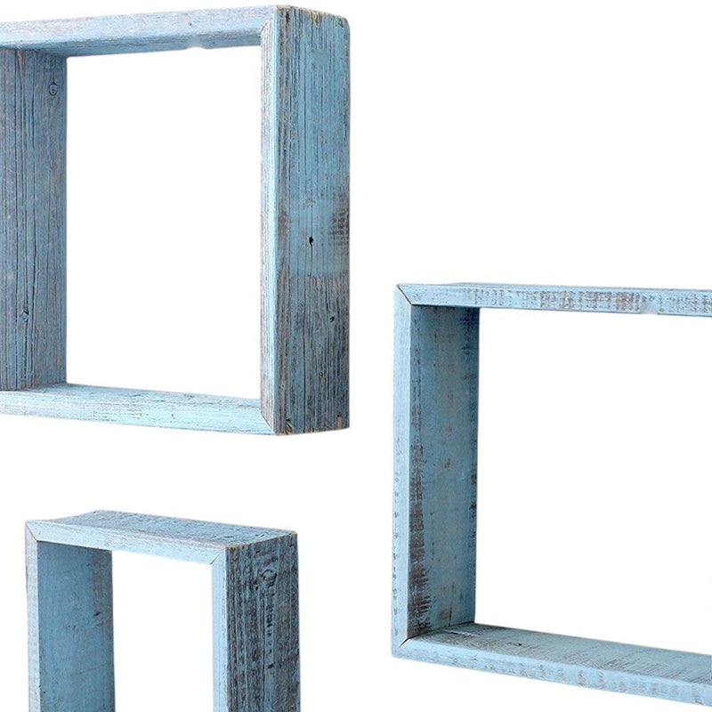 Set Of 3 Square Robins Egg Blue Reclaimed Wood Open Box Shelve - Home Decor
