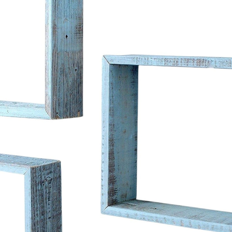 Set Of 3 Square Robins Egg Blue Reclaimed Wood Open Box Shelve - Home Decor