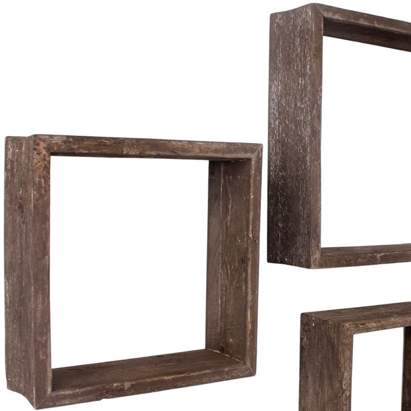 Set of Three Espresso Wood Square Hanging Dimensional Sculpture - Home Decor