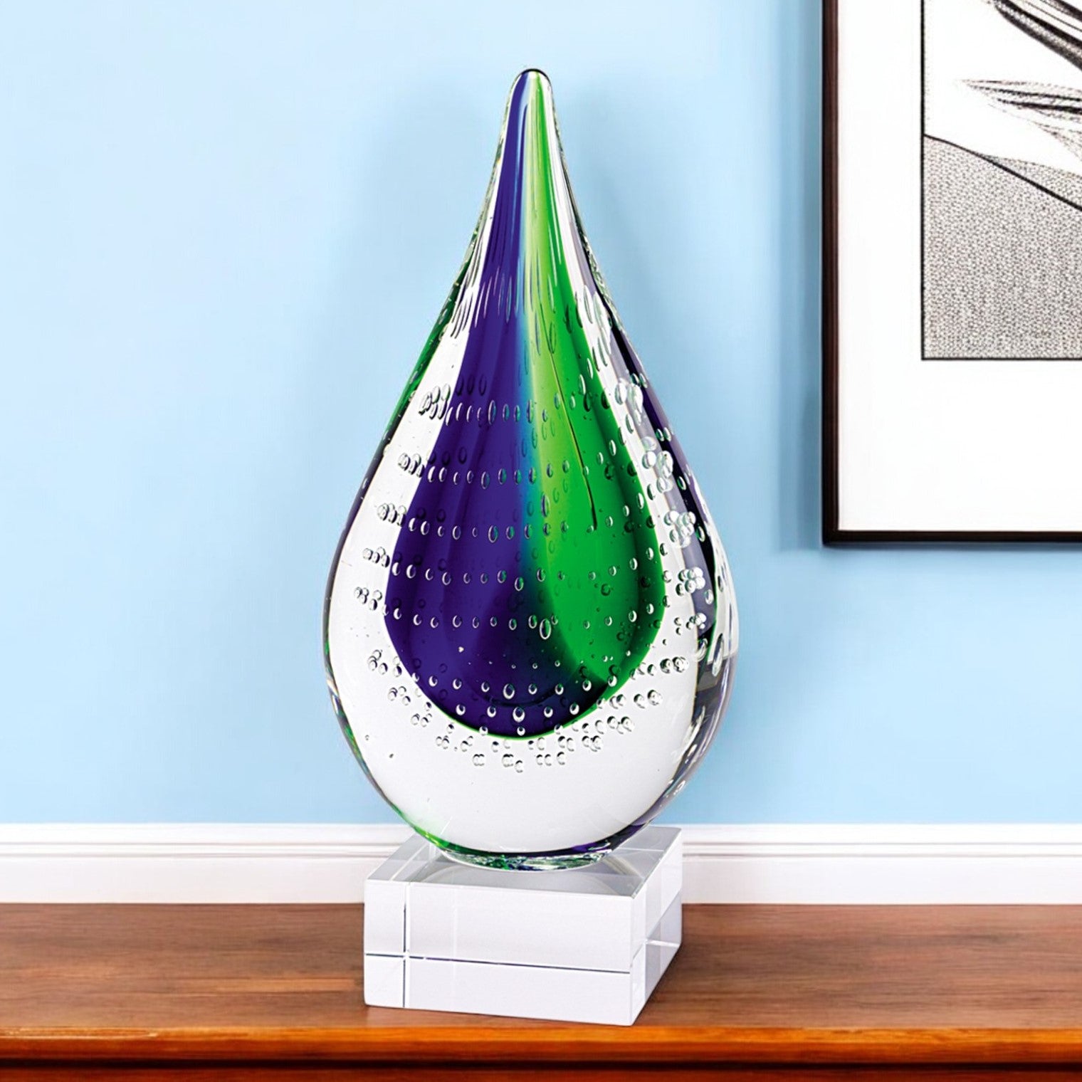 11" Clear Blue and Green Murano Glass Modern Abstract Tabletop Sculpture - Home & Garden