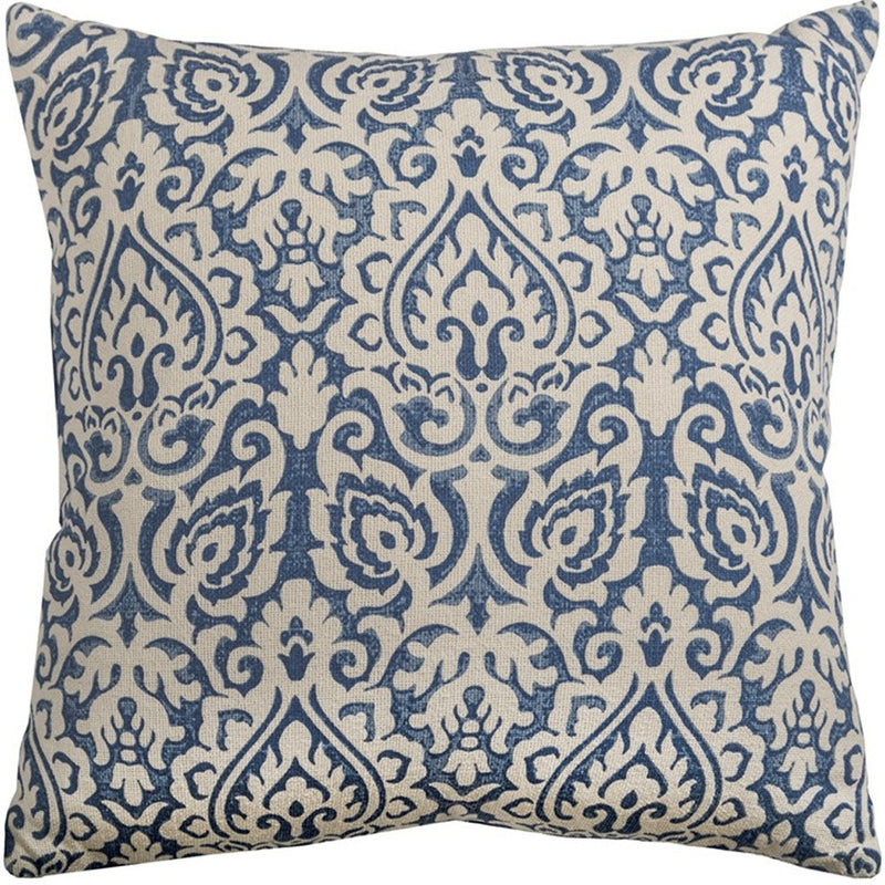 22" Blue And Natural Damask Cotton Throw Pillow - Home Decor