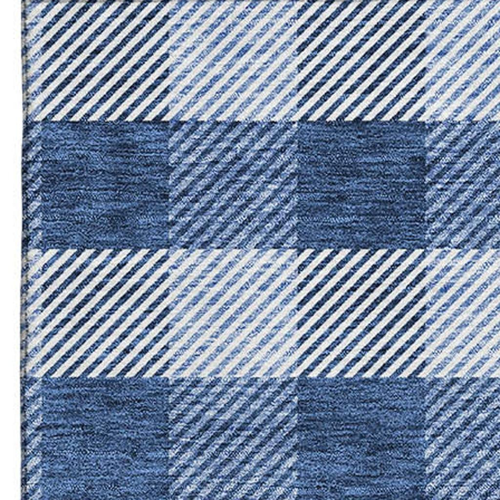 5' X 8' Navy Blue And Ivory Plaid Washable Area Rug With UV Protection - Home & Garden