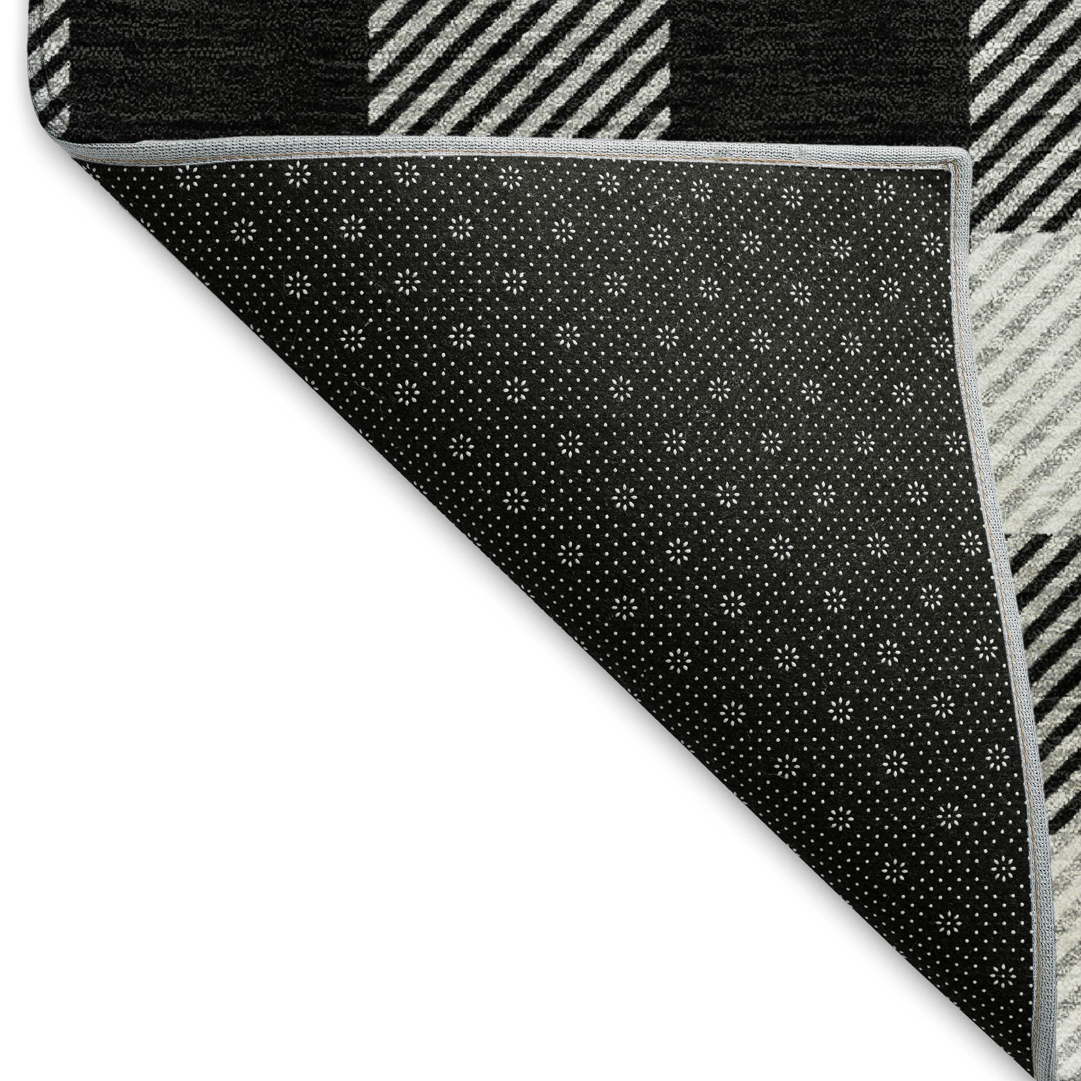 8' Black And Ivory Plaid Washable Round Rug With UV Protection - Home & Garden