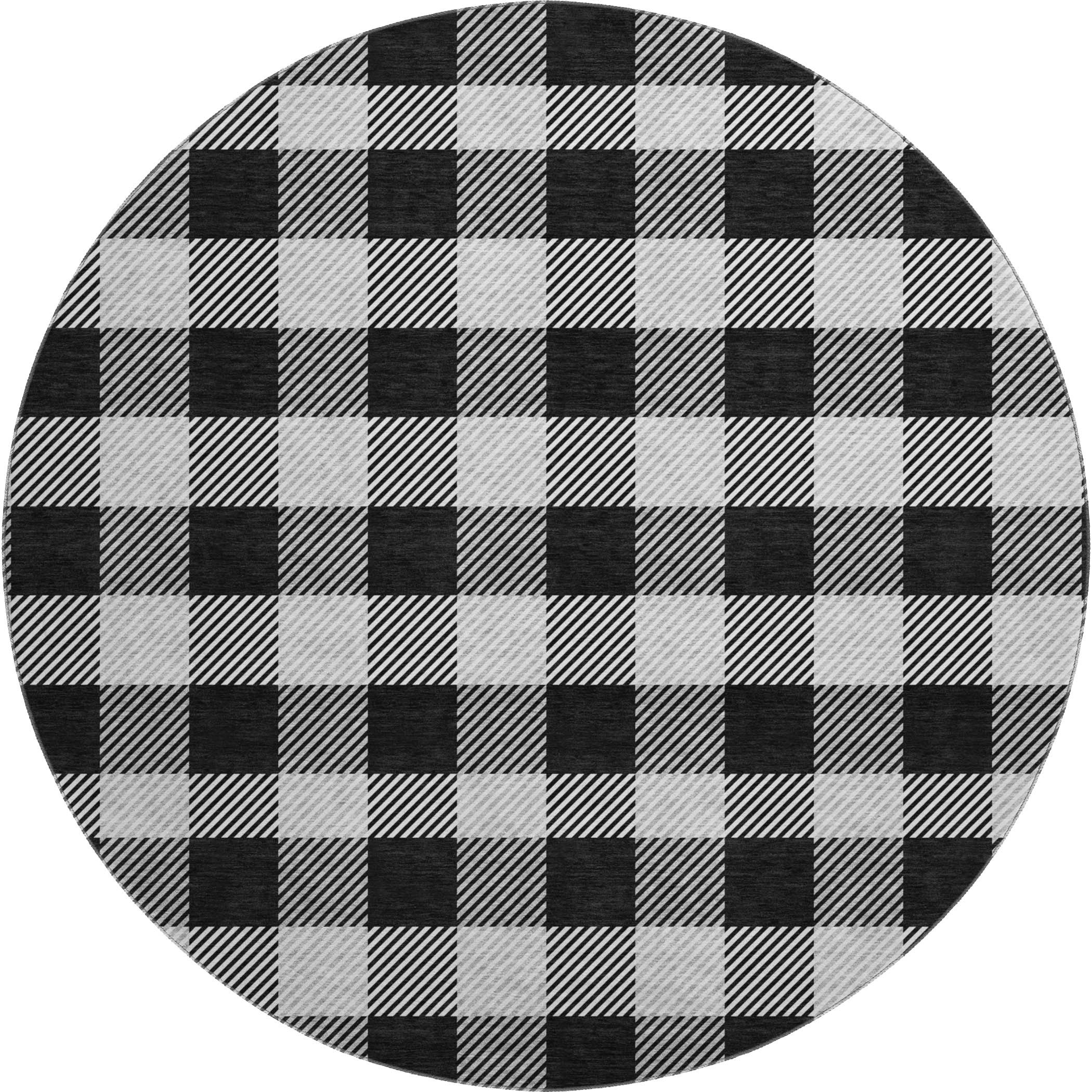 8' Black And Ivory Plaid Washable Round Rug With UV Protection - Home & Garden
