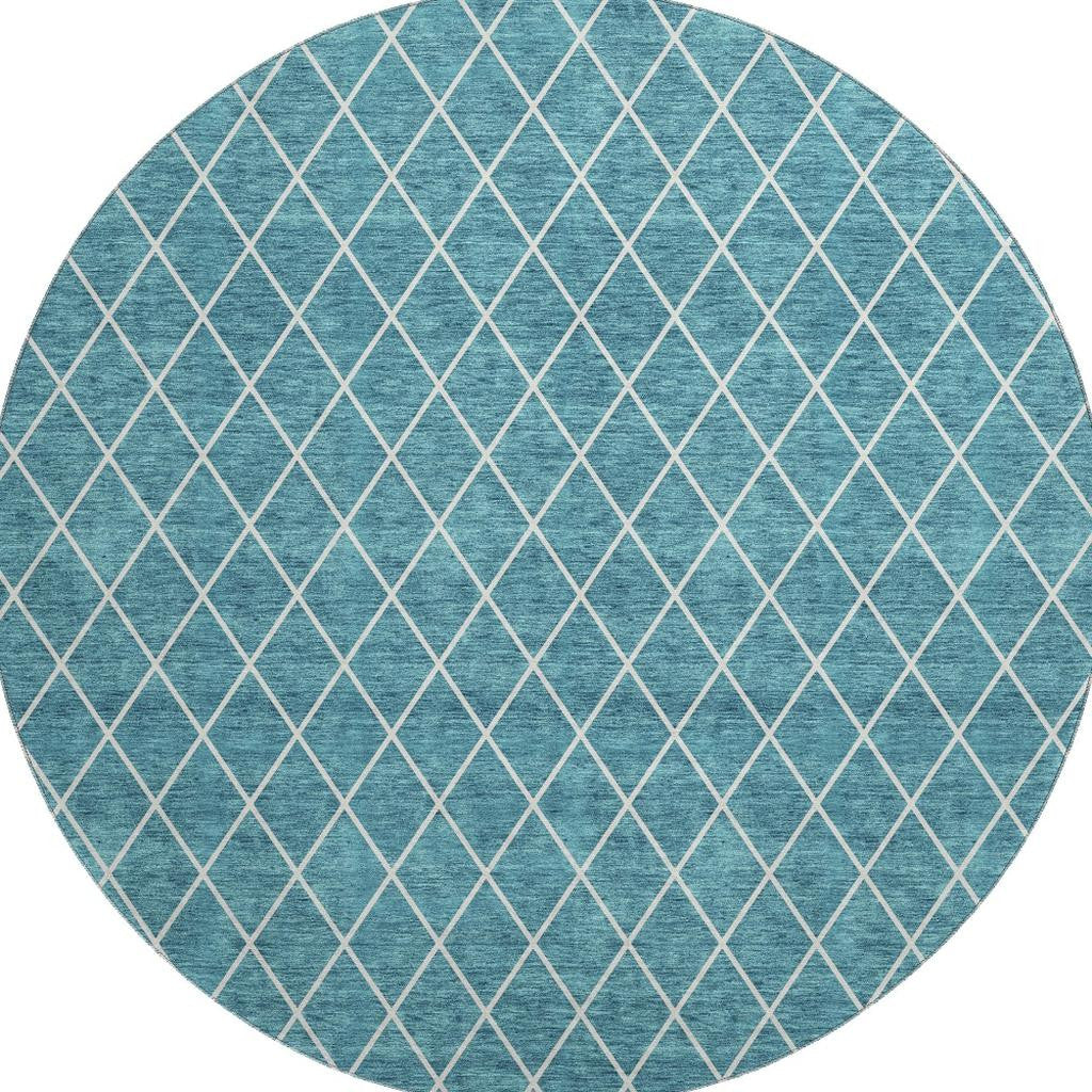 8' Teal And Ivory Geometric Washable Round Rug With UV Protection - Home & Garden