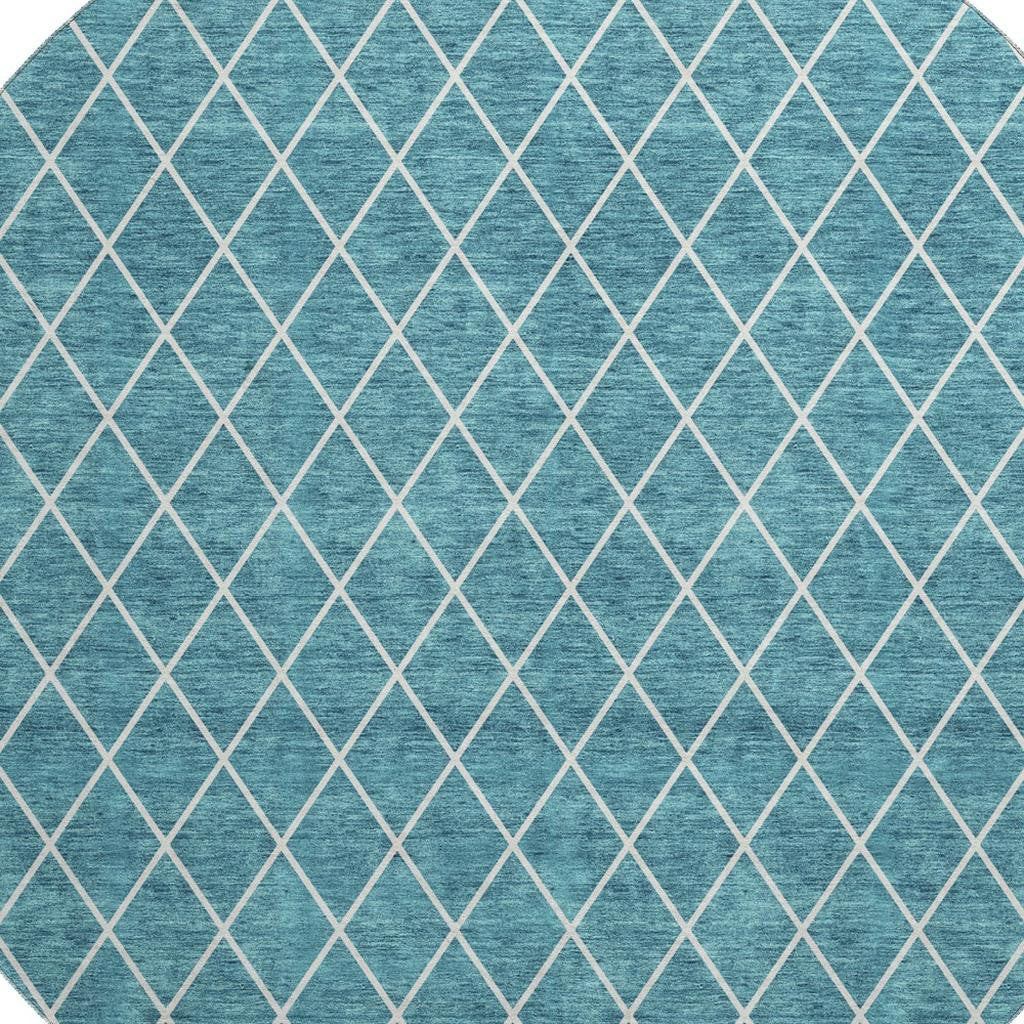 8' Teal And Ivory Geometric Washable Round Rug With UV Protection - Home & Garden