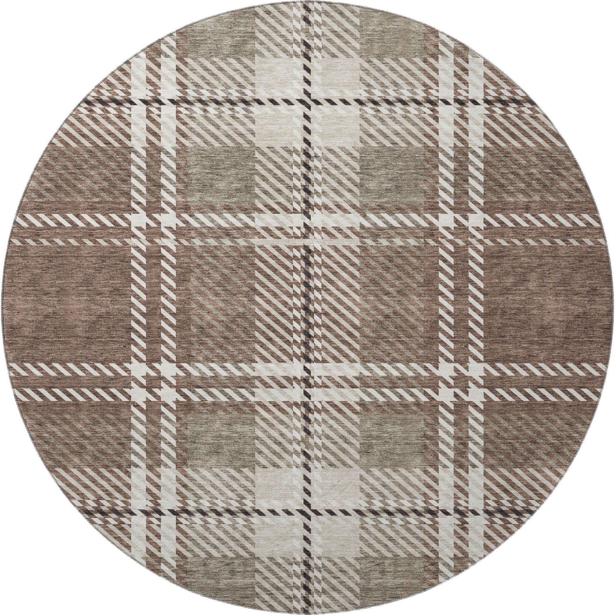 8' Brown Ivory And Taupe Plaid Washable Round Rug With UV Protection - Home & Garden