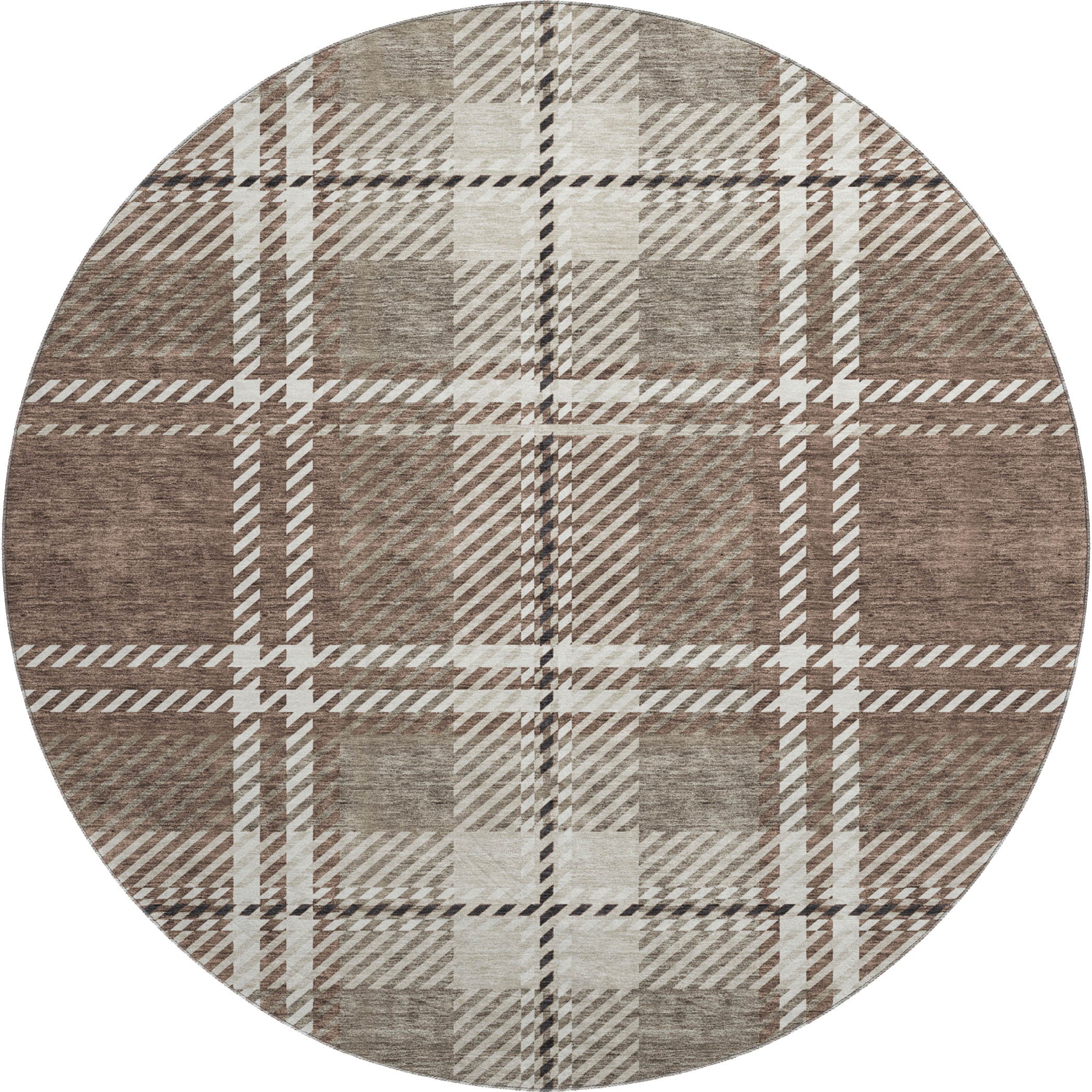 8' Brown Ivory And Taupe Plaid Washable Round Rug With UV Protection - Home & Garden