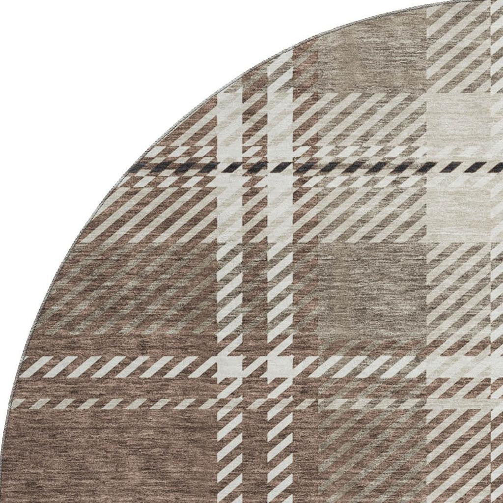 8' Brown Ivory And Taupe Plaid Washable Round Rug With UV Protection - Home & Garden