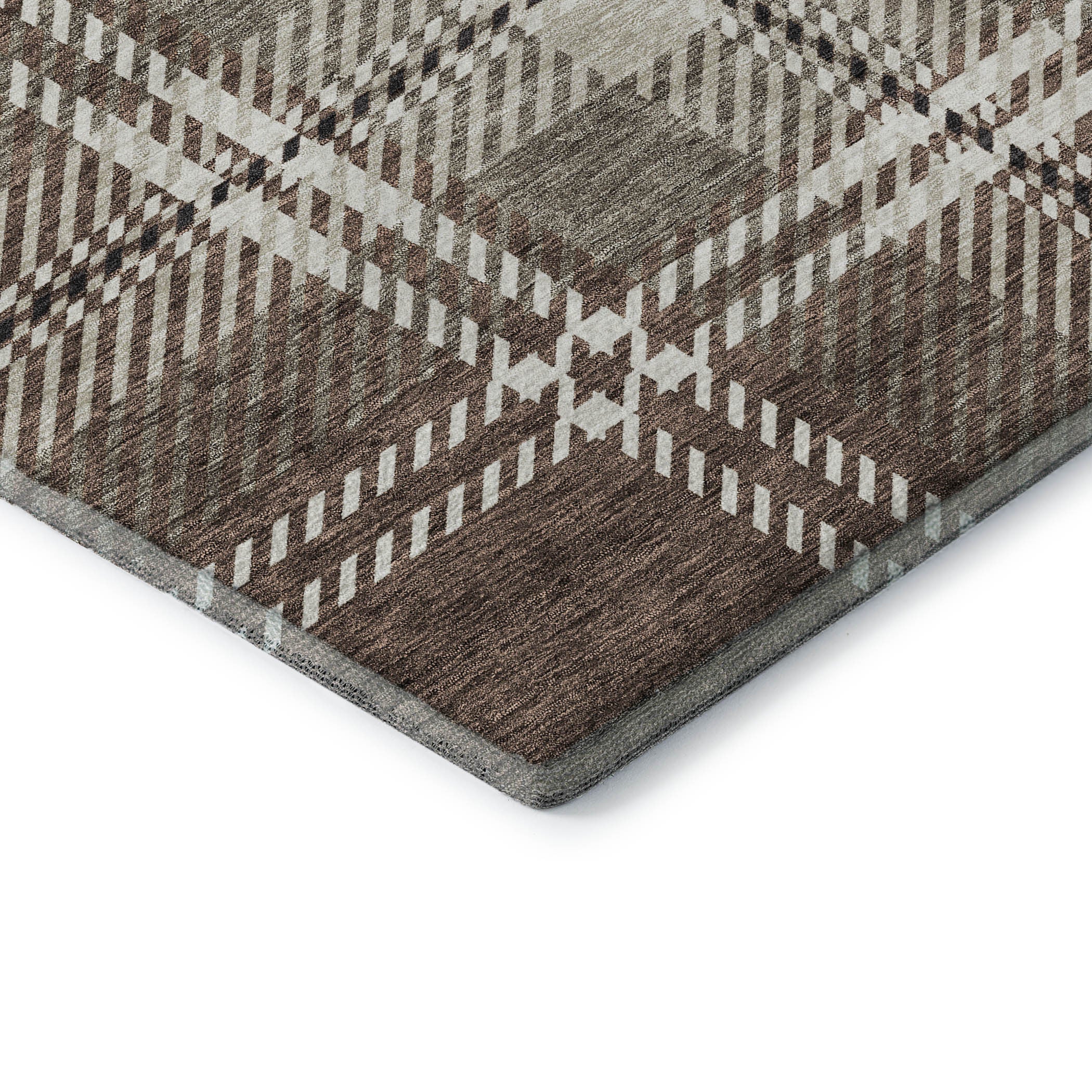 8' Brown Ivory And Taupe Plaid Washable Round Rug With UV Protection - Home & Garden