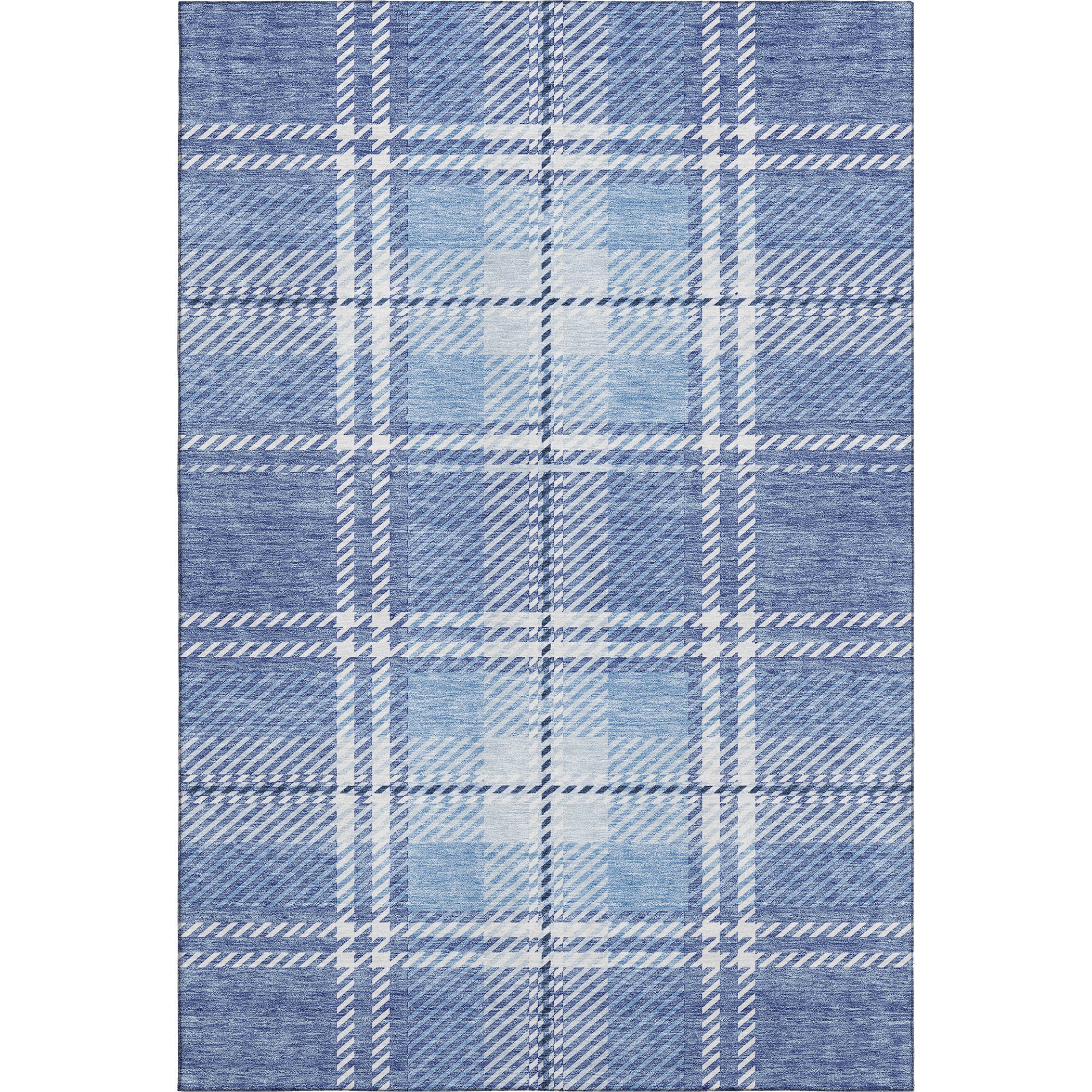 5' X 8' Denim Blue And Ivory Plaid Washable Area Rug With UV Protection - Home & Garden