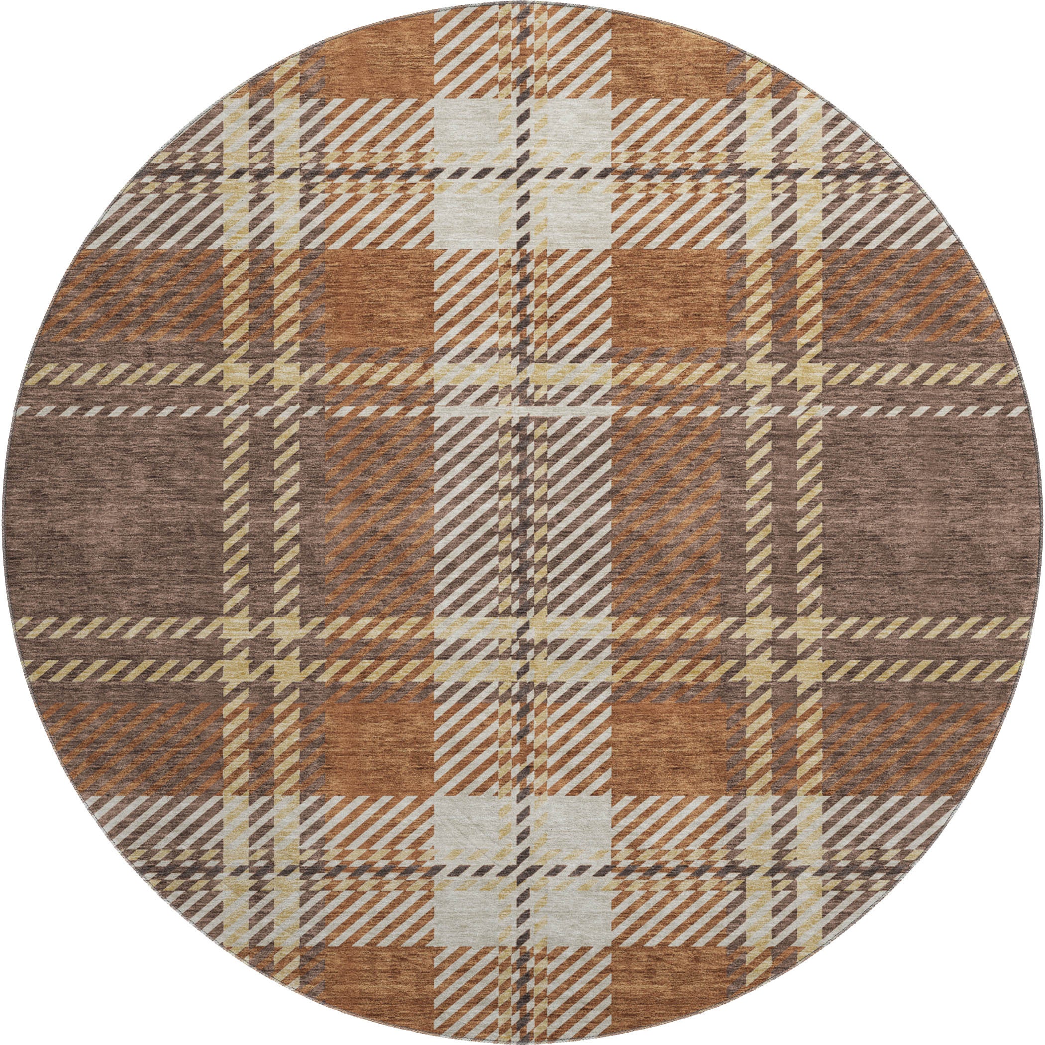 8' Chocolate Beige And Gold Plaid Washable Round Rug With UV Protection - Home & Garden