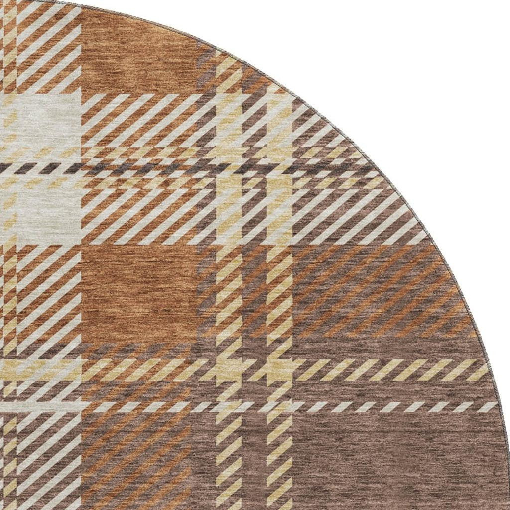 8' Chocolate Beige And Gold Plaid Washable Round Rug With UV Protection - Home & Garden