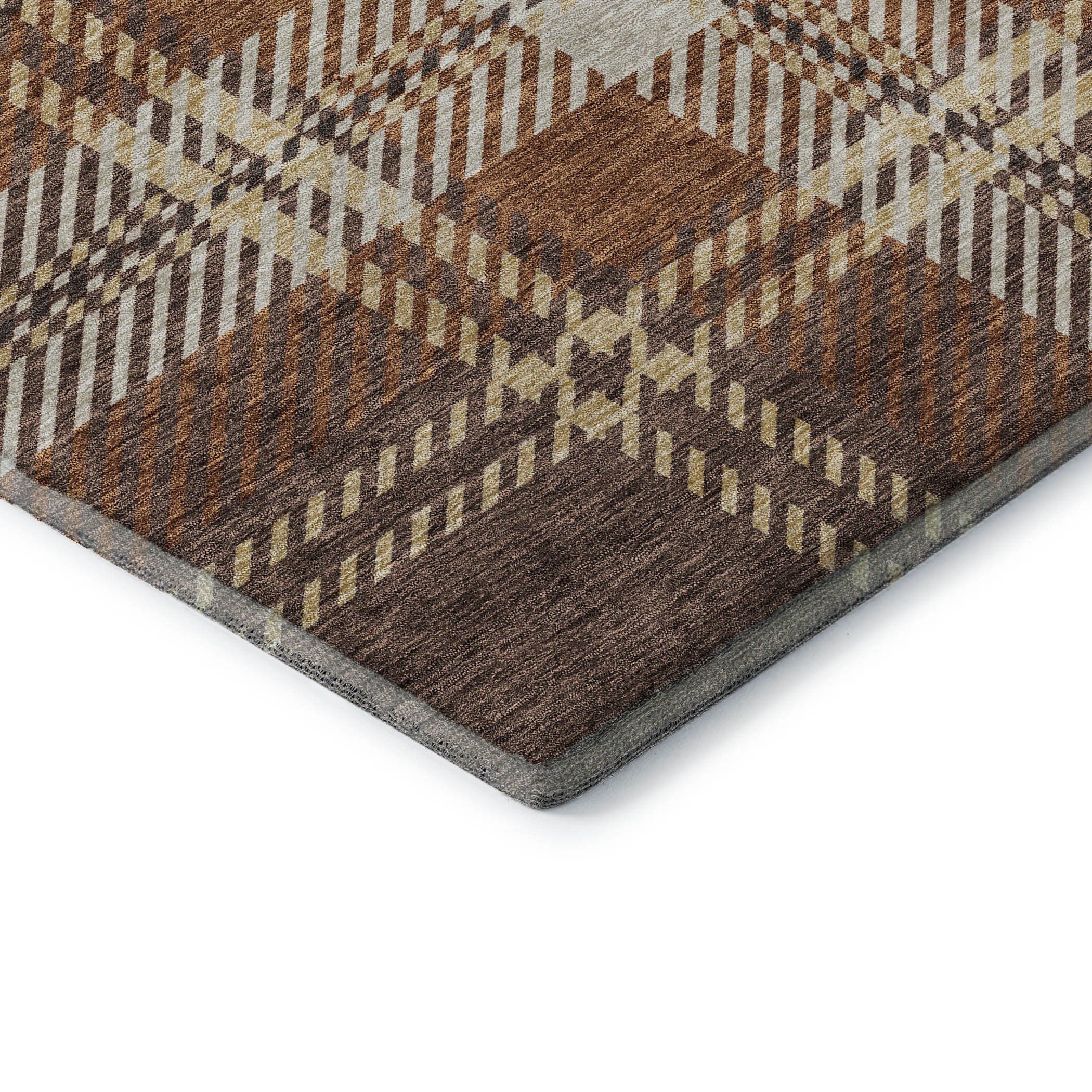 8' Chocolate Beige And Gold Plaid Washable Round Rug With UV Protection - Home & Garden