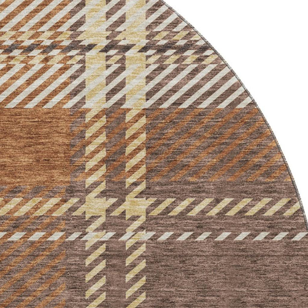 8' Chocolate Beige And Gold Plaid Washable Round Rug With UV Protection - Home & Garden