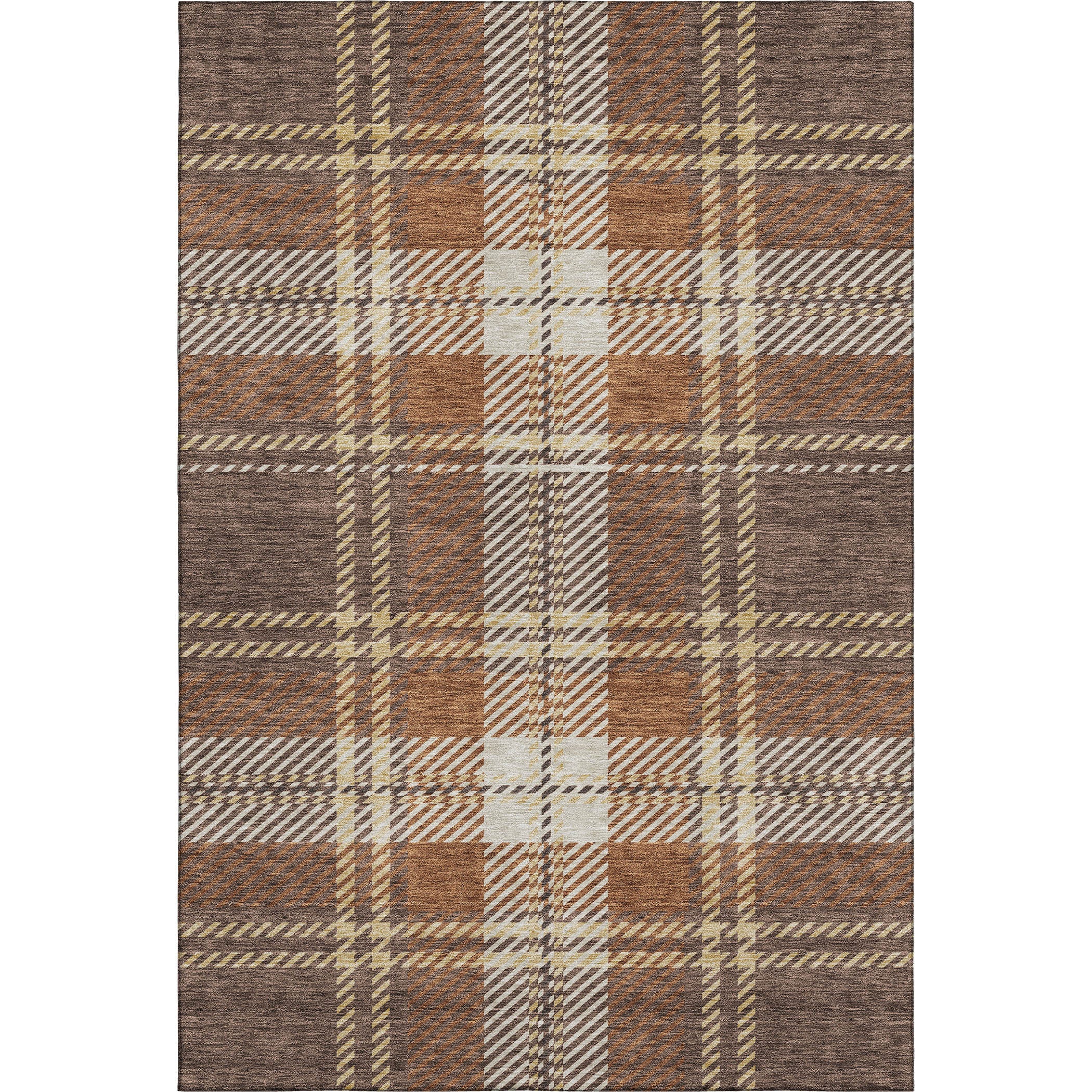 10' X 14' Chocolate Beige And Gold Plaid Washable Area Rug With UV Protection - Home & Garden