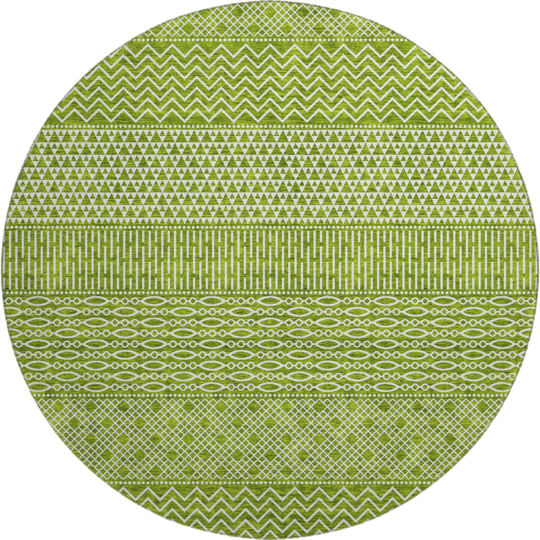 8' Lime Green And Ivory Striped Washable Round Rug With UV Protection - Home & Garden