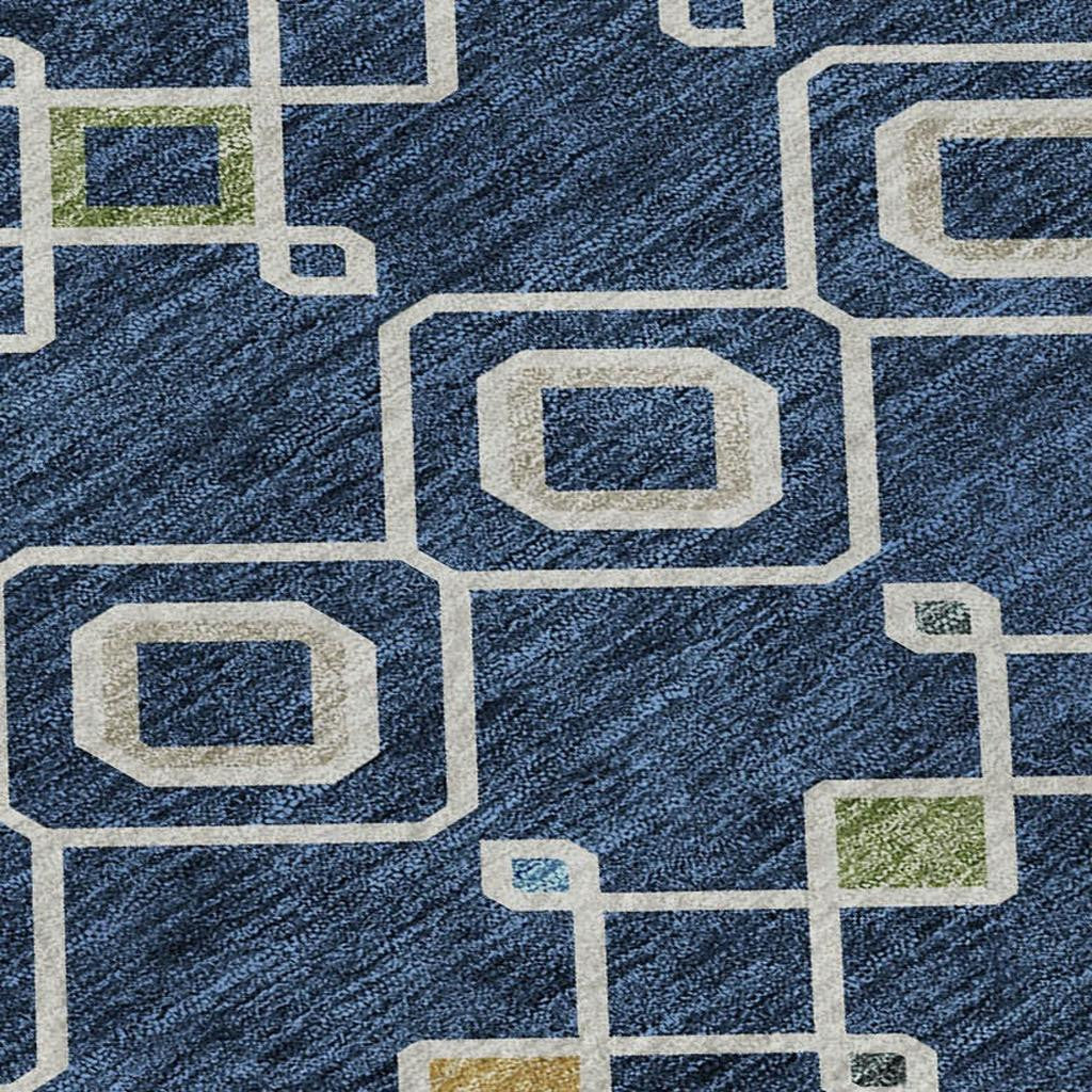 5' X 8' Navy Blue Peach And Gold Southwestern Washable Area Rug With UV Protection - Home & Garden