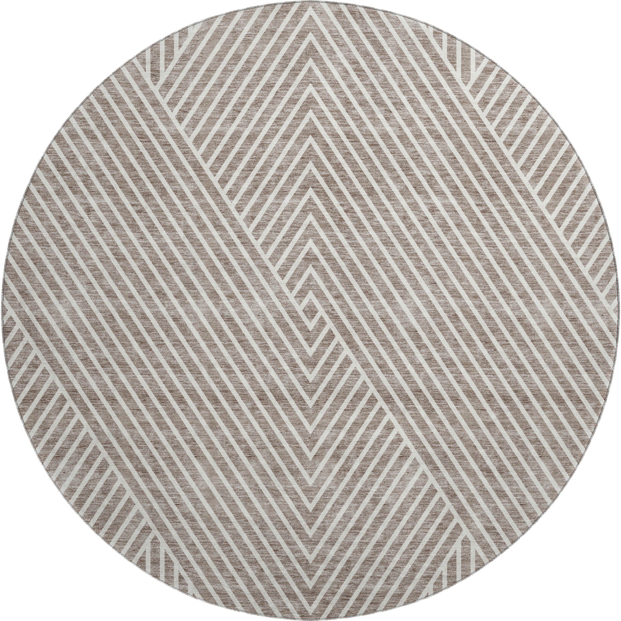 8' Taupe And Ivory Geometric Washable Round Rug With UV Protection - Home & Garden