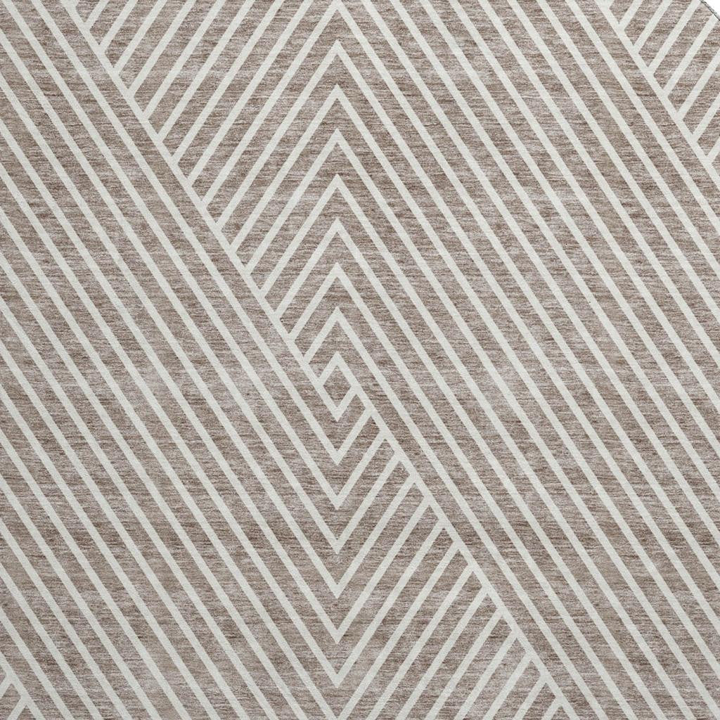8' Taupe And Ivory Geometric Washable Round Rug With UV Protection - Home & Garden