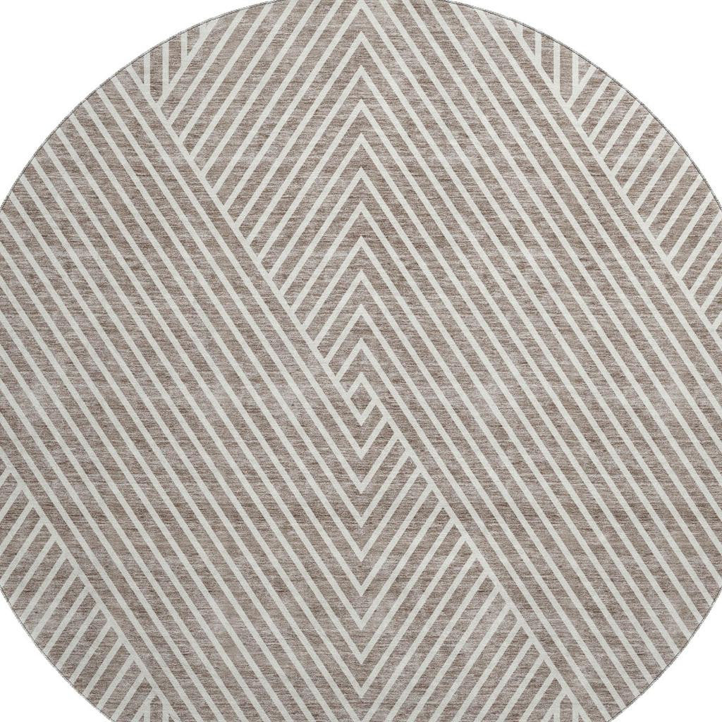 8' Taupe And Ivory Geometric Washable Round Rug With UV Protection - Home & Garden