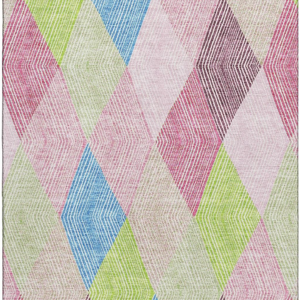 8' X 10' Pink Lime Green And Blue Geometric Washable Area Rug With UV Protection - Home & Garden