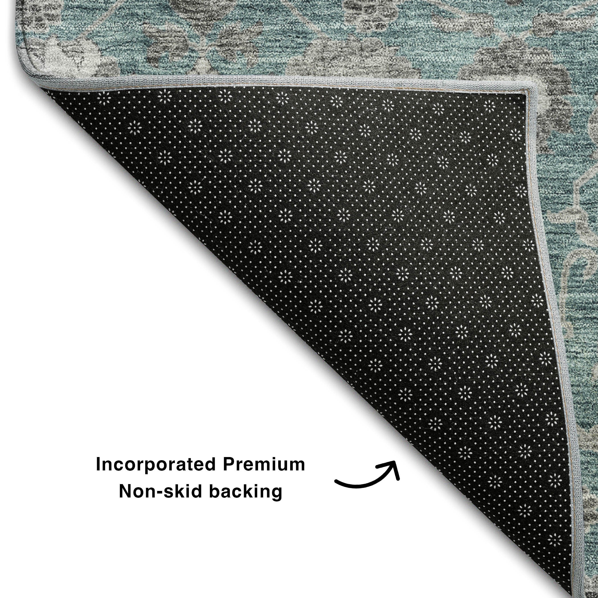 8' Teal Gray And Silver Floral Washable Round Rug With UV Protection - Home & Garden