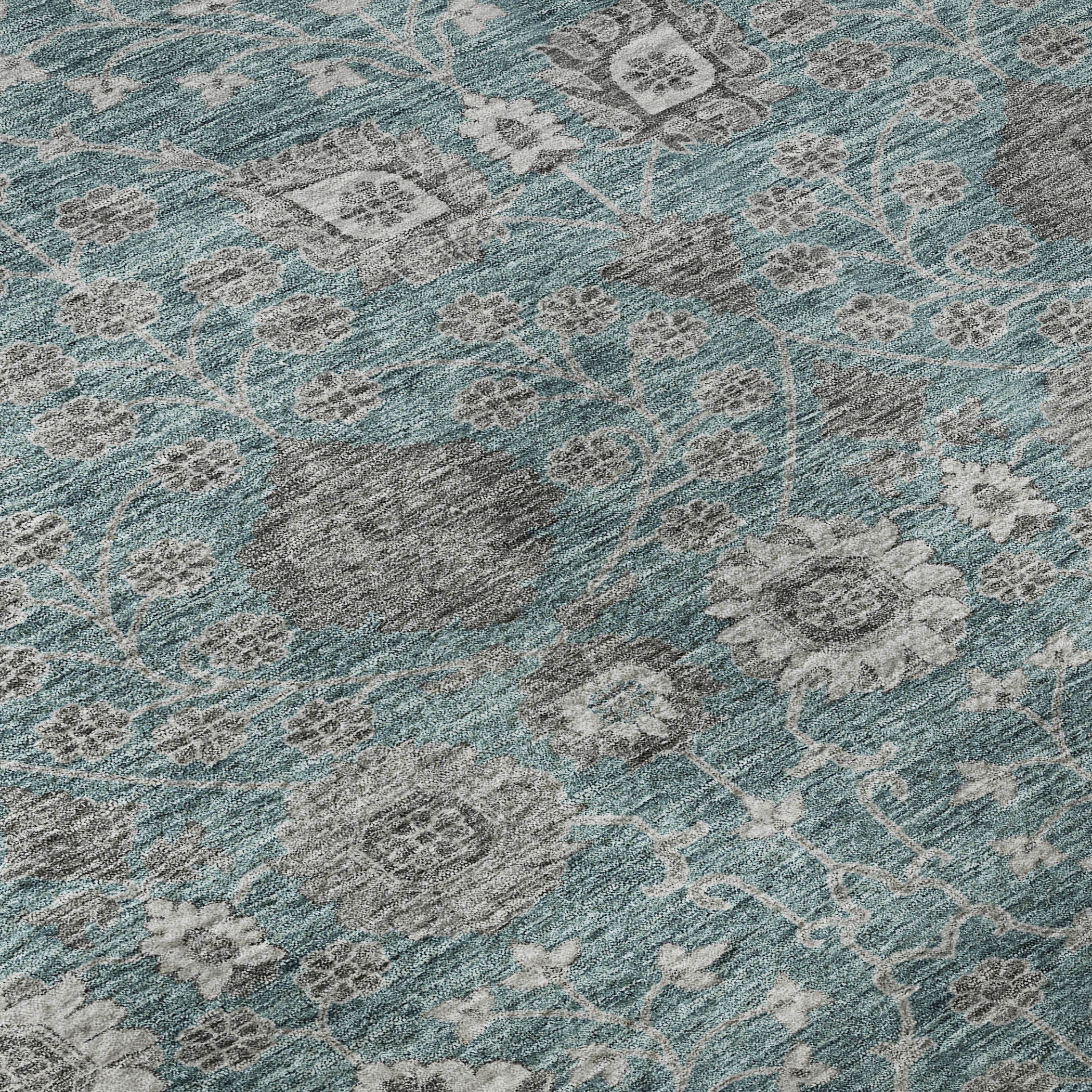 8' Teal Gray And Silver Floral Washable Round Rug With UV Protection - Home & Garden