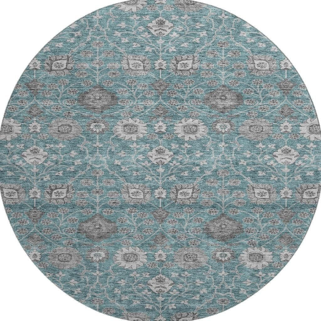 8' Teal Gray And Silver Floral Washable Round Rug With UV Protection - Home & Garden