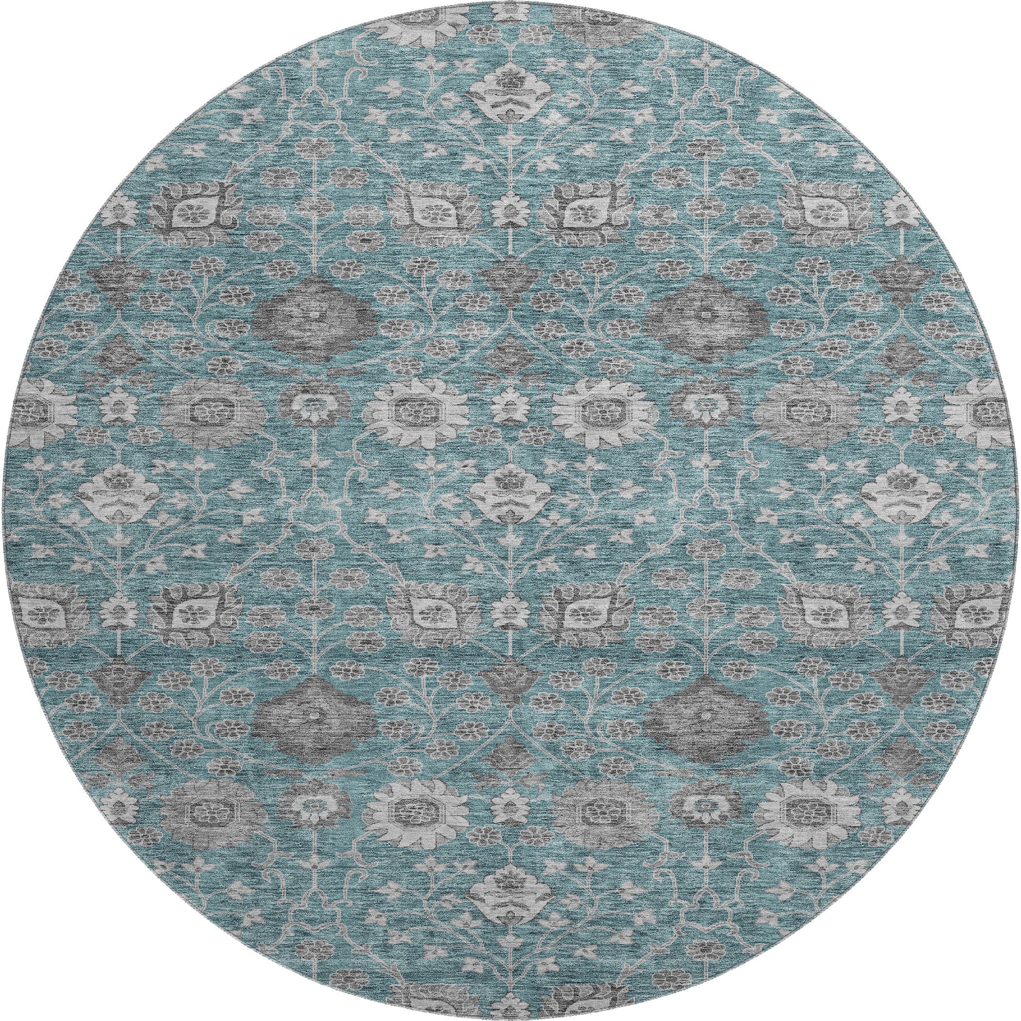 8' Teal Gray And Silver Floral Washable Round Rug With UV Protection - Home & Garden