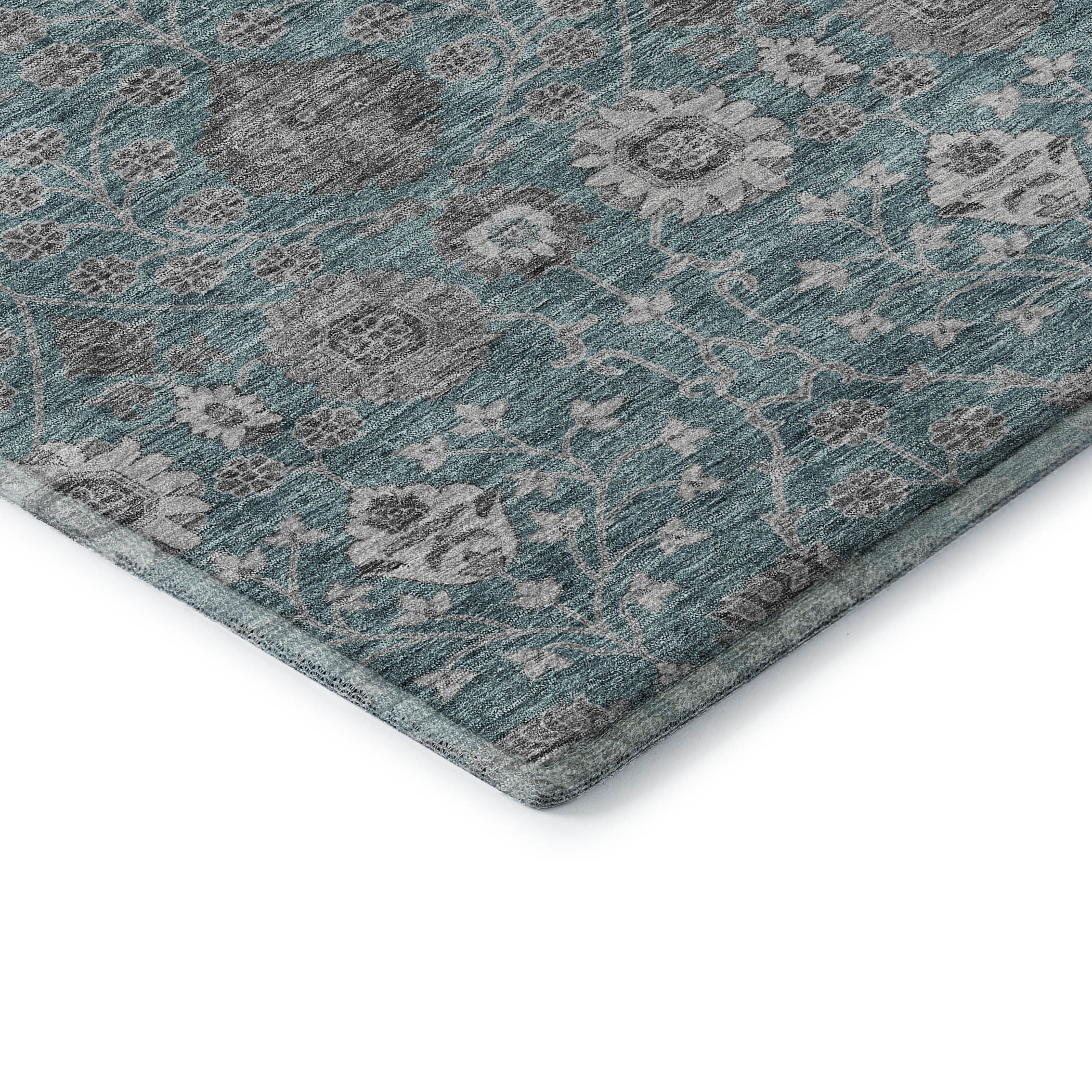 8' Teal Gray And Silver Floral Washable Round Rug With UV Protection - Home & Garden