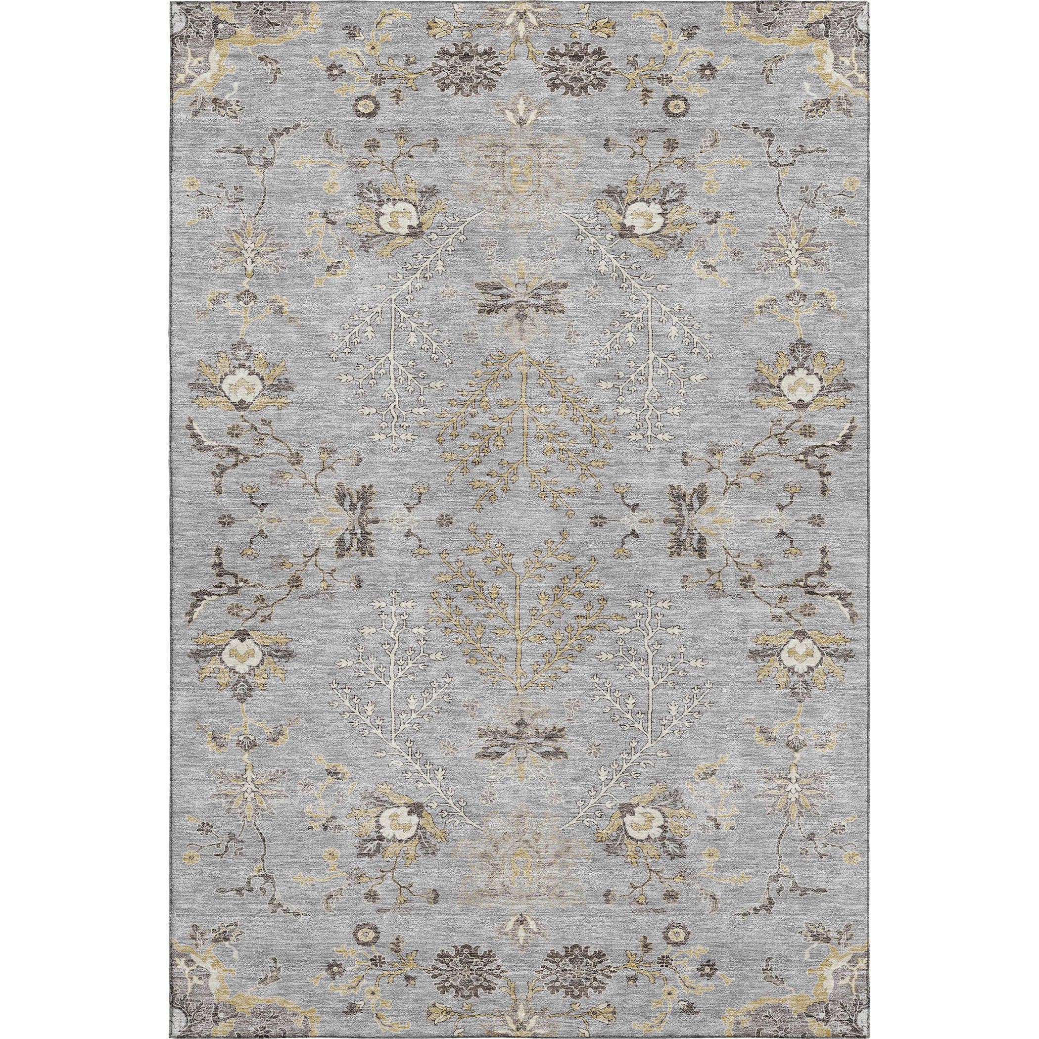 10' X 14' Gray Ivory And Gold Floral Washable Area Rug With UV Protection - Home & Garden
