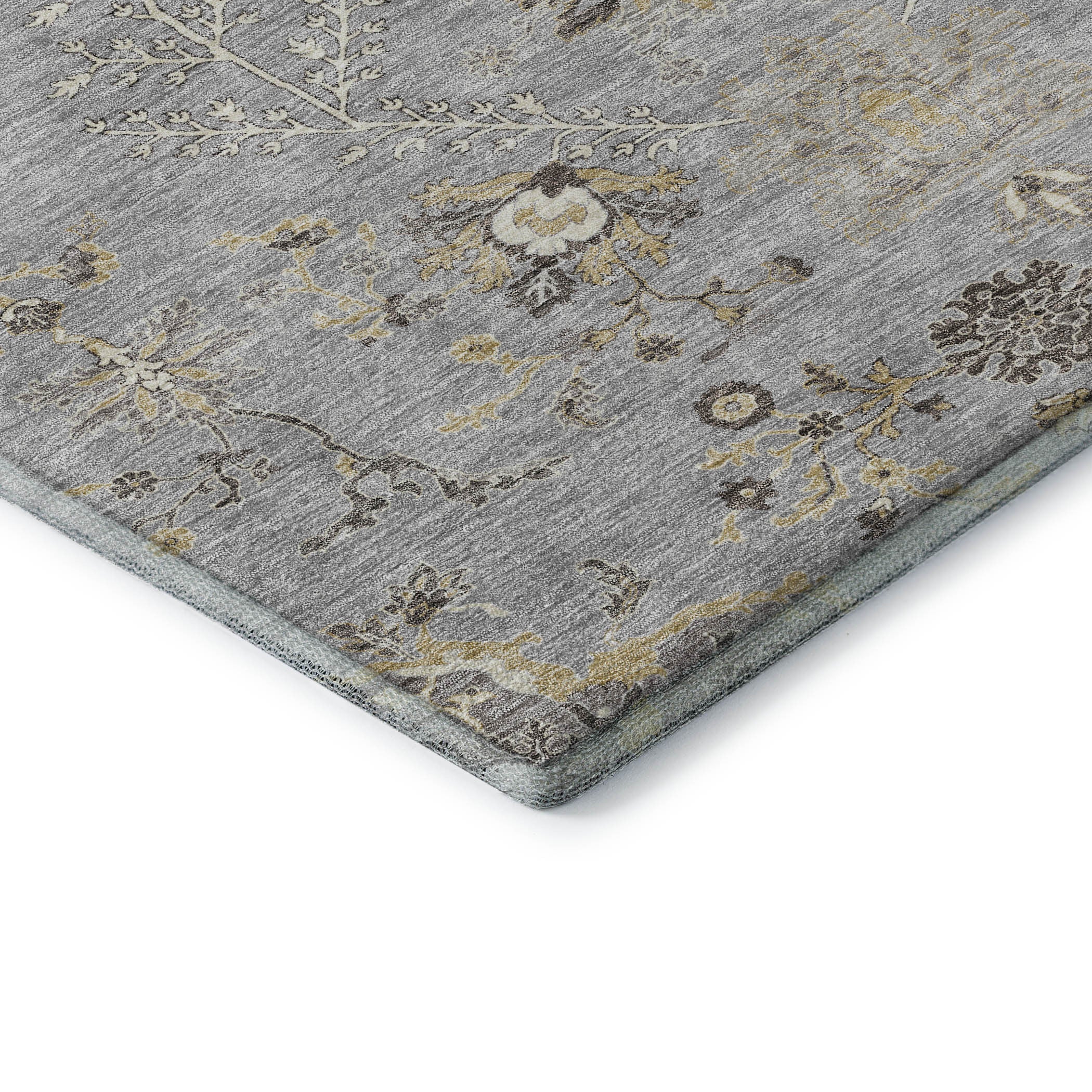 10' X 14' Gray Ivory And Gold Floral Washable Area Rug With UV Protection - Home & Garden
