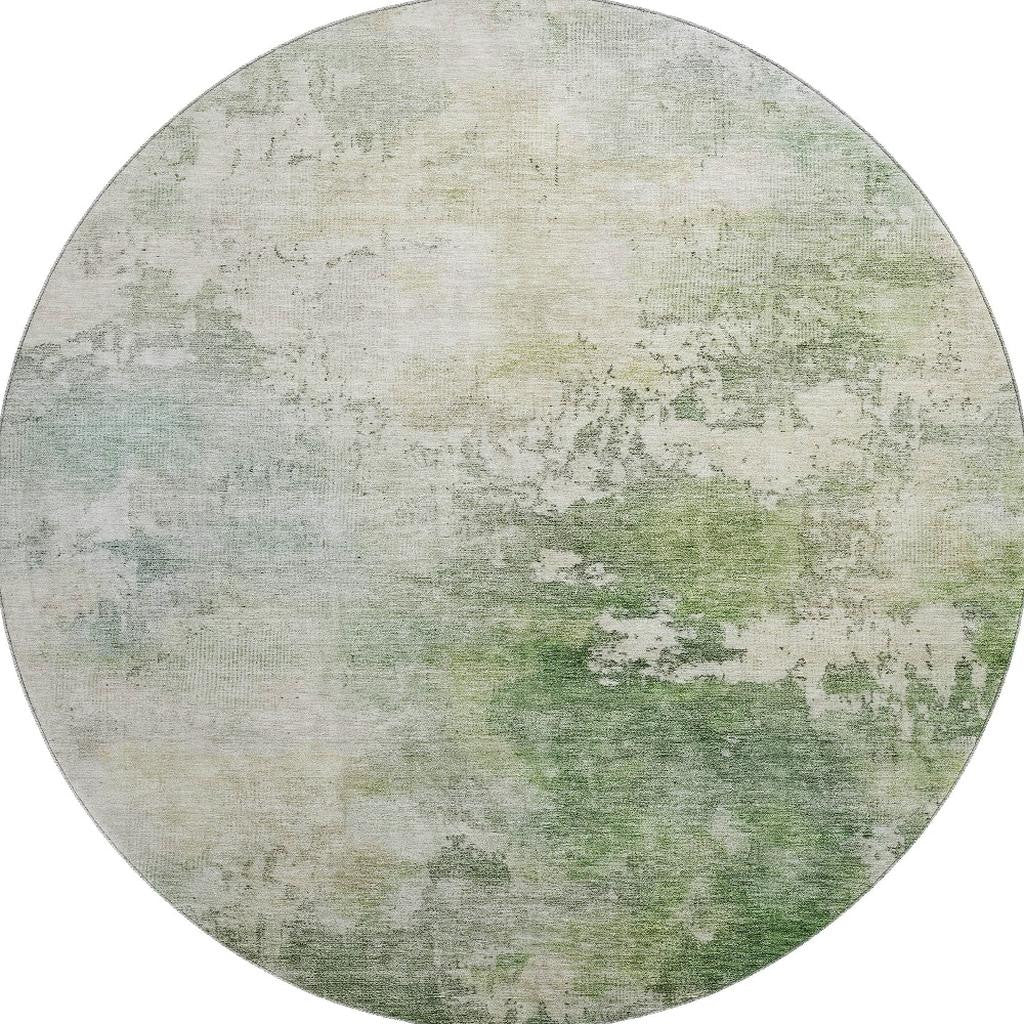8' Artichoke Green And Beige Abstract Washable Round Rug With UV Protection - Home & Garden