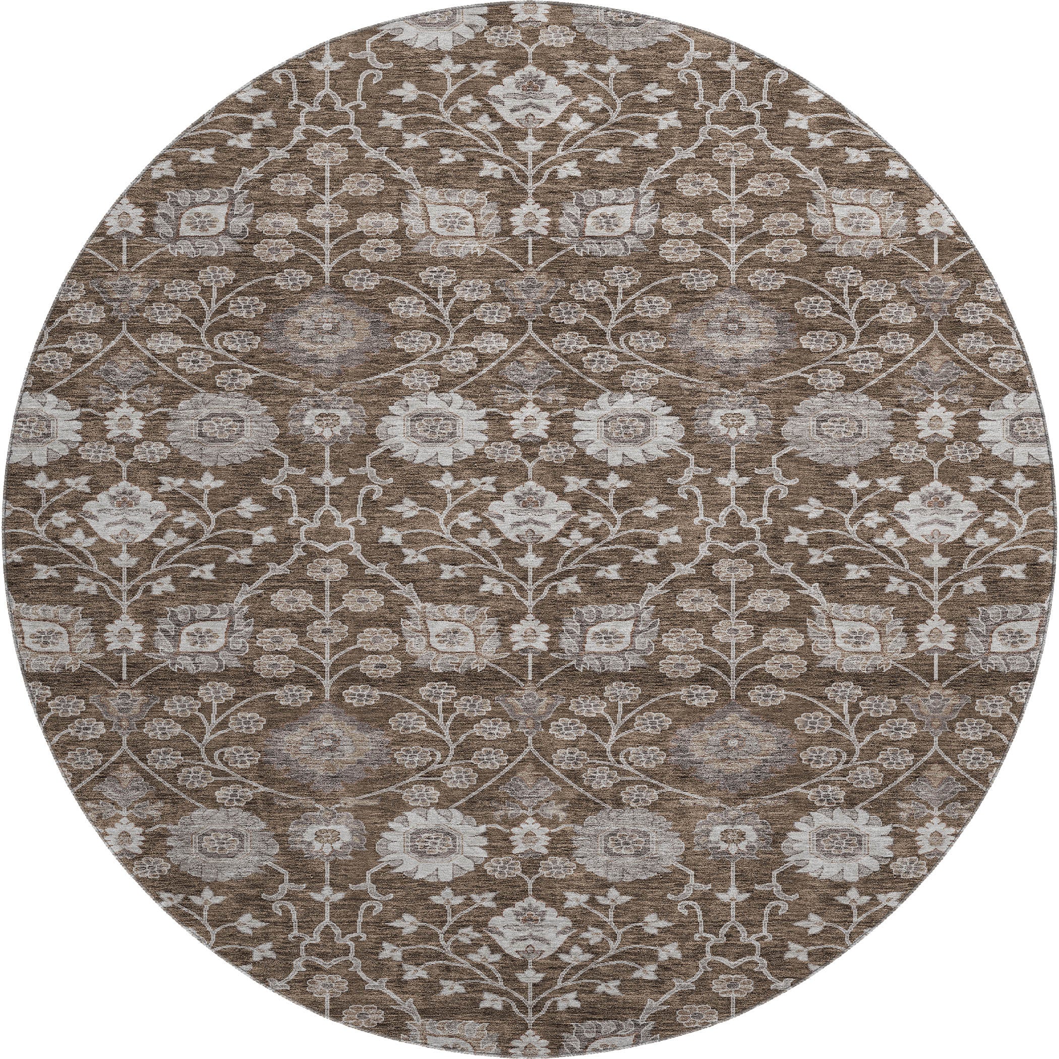 8' Chocolate Beige And Gray Floral Washable Round Rug With UV Protection - Home & Garden