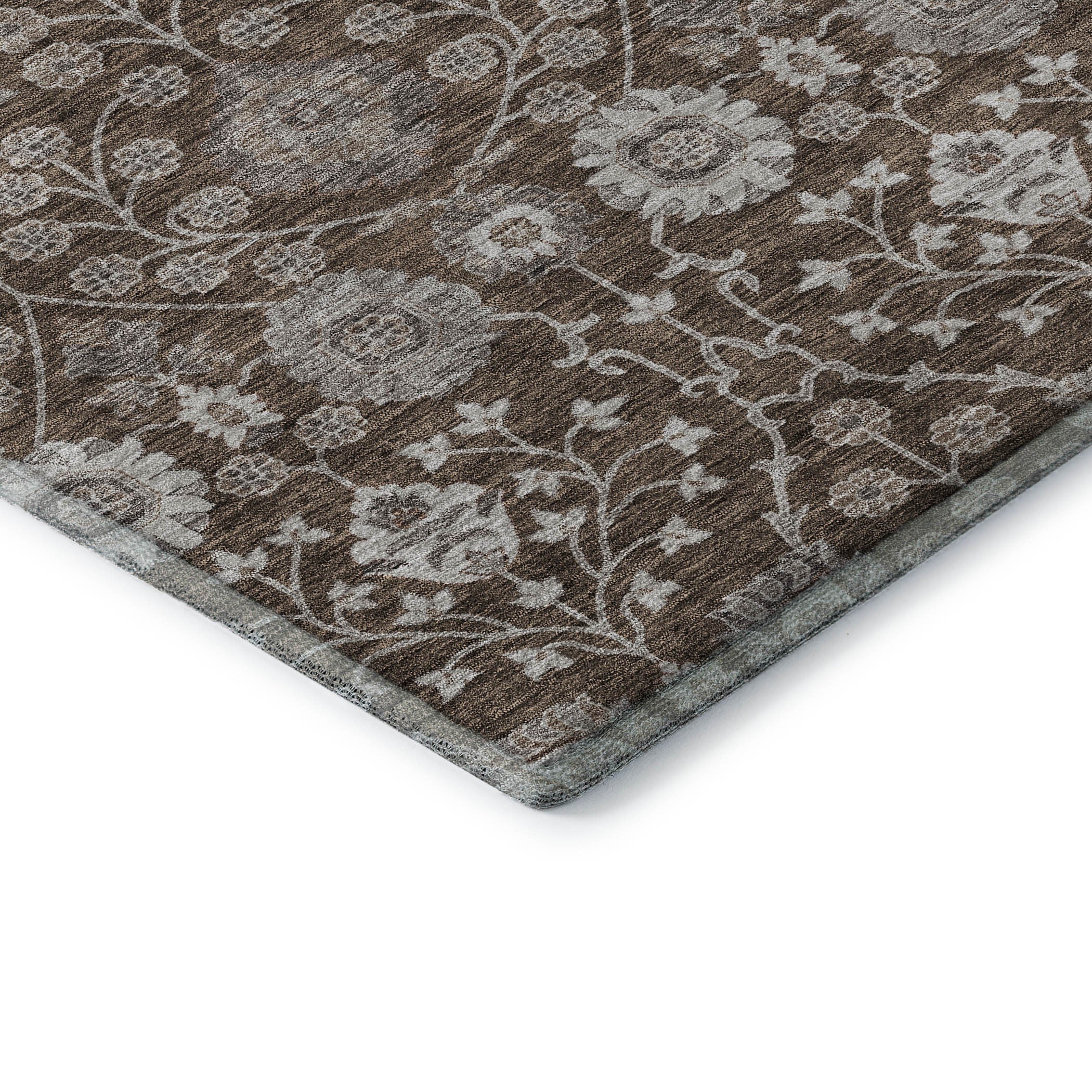 8' Chocolate Beige And Gray Floral Washable Round Rug With UV Protection - Home & Garden