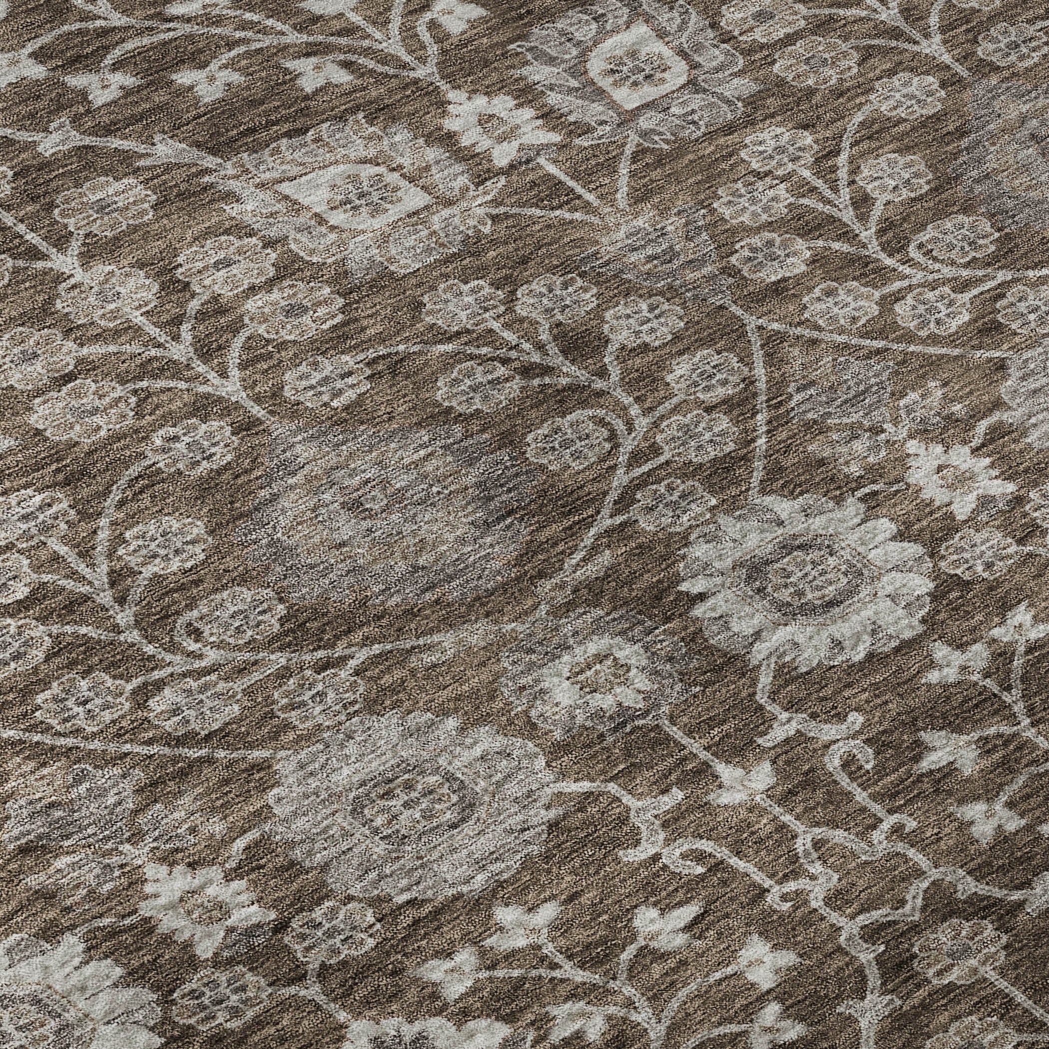 8' Chocolate Beige And Gray Floral Washable Round Rug With UV Protection - Home & Garden