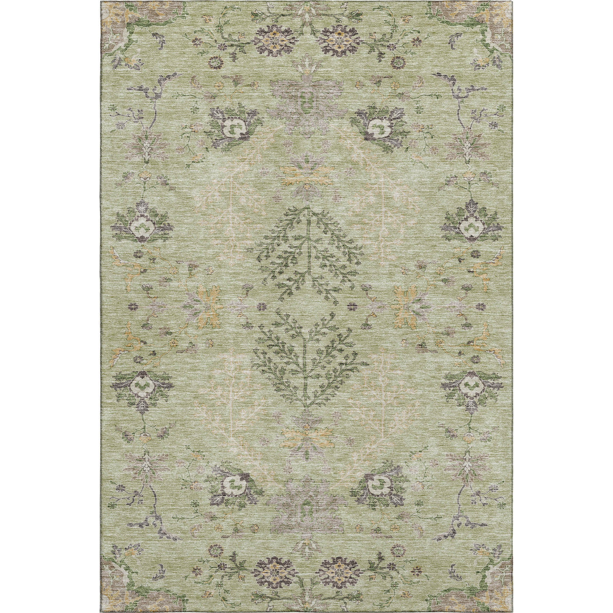 10' X 14' Artichoke Green Gold And Beige Floral Washable Area Rug With UV Protection - Home & Garden